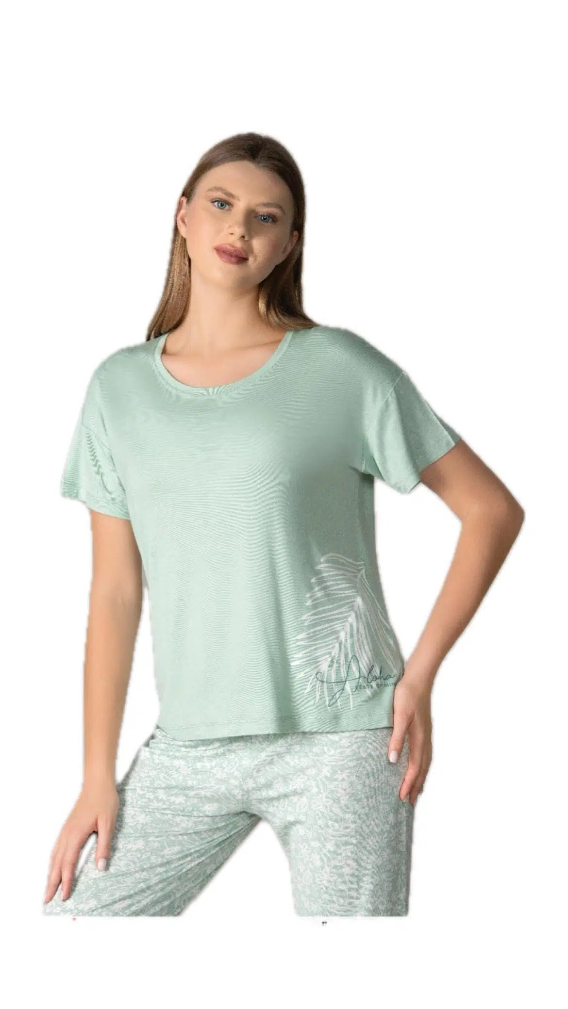 Alperi 78-90 Kadın Yuvarlak Yaka Kısa Kol Pijama Takım - YEŞİL