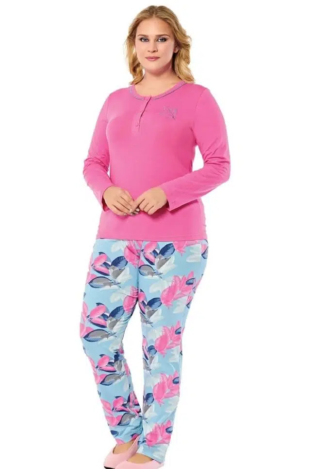 Alperi 79-34 Kadın Büyük Beden Uzun Kol Pijama Takımı - PEMBE