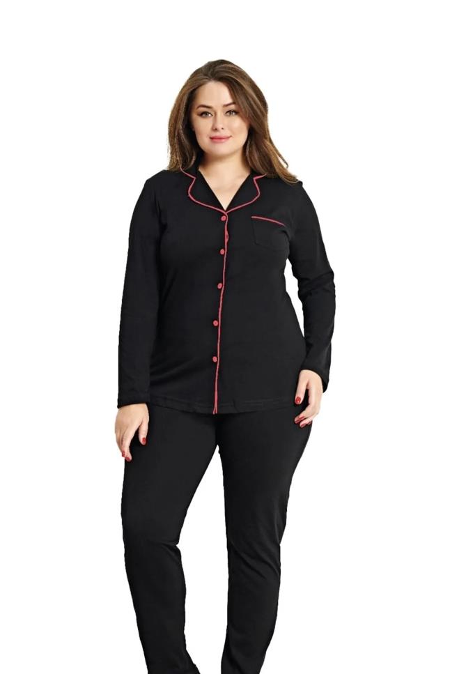 Alperi 79-42 Büyük Beden Boydan Düğmeli Gömlek Uzun Kol Pijama Takımı - SİYAH