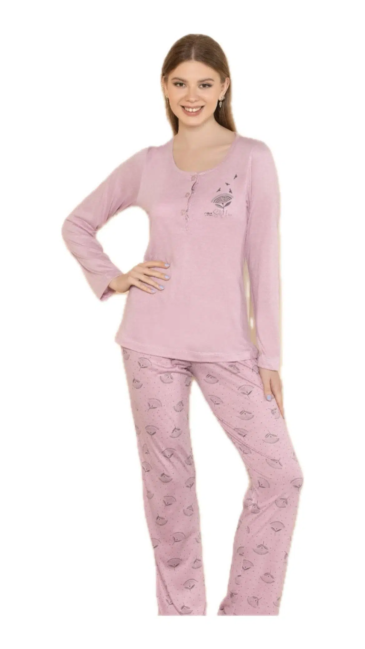 Alperi 790-06 Kadın Yuvarlak Yaka Uzun Kol Pijama Takım - PEMBE