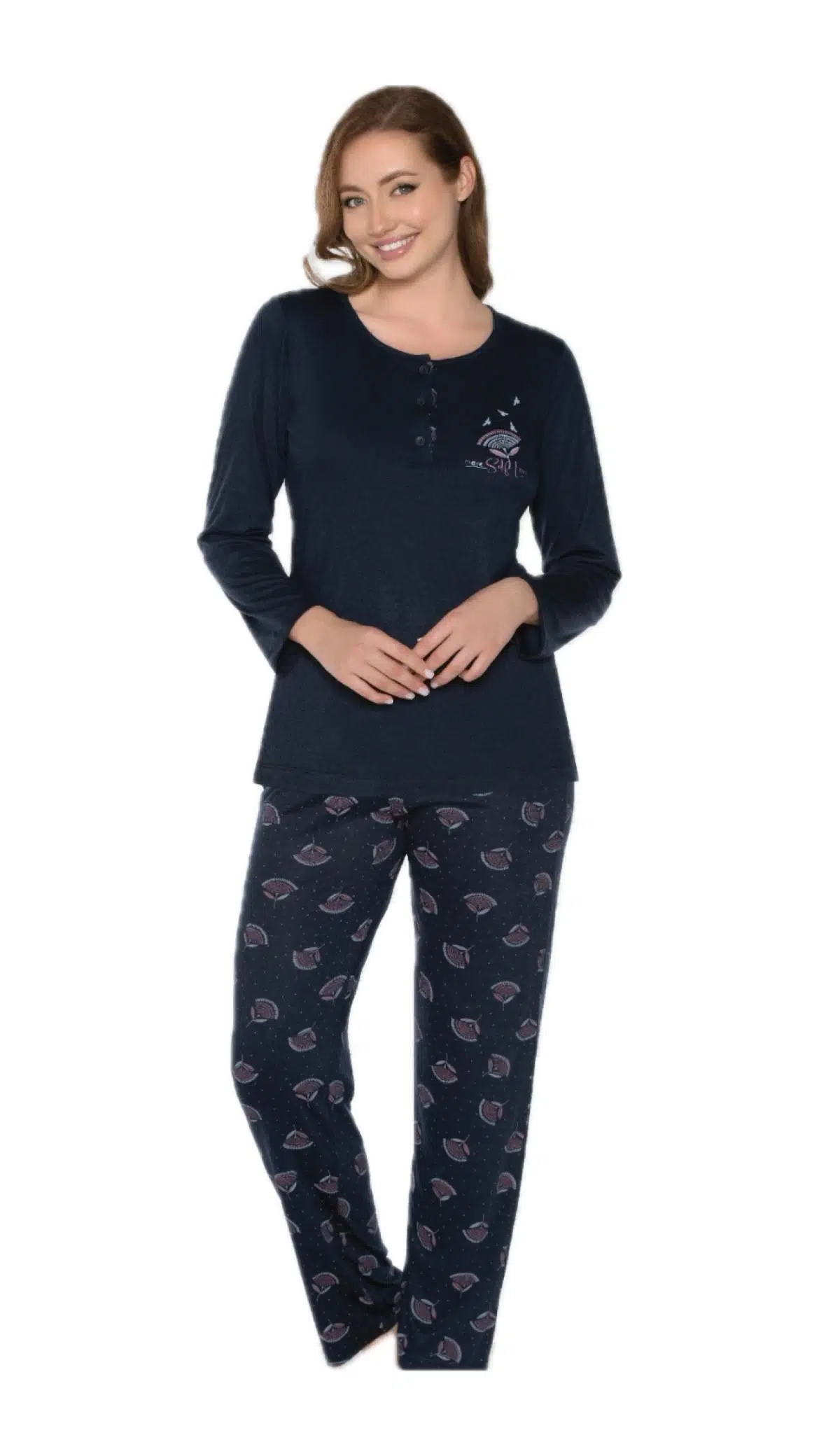 Alperi 790-06 Kadın Yuvarlak Yaka Uzun Kol Pijama Takım - LACİVERT