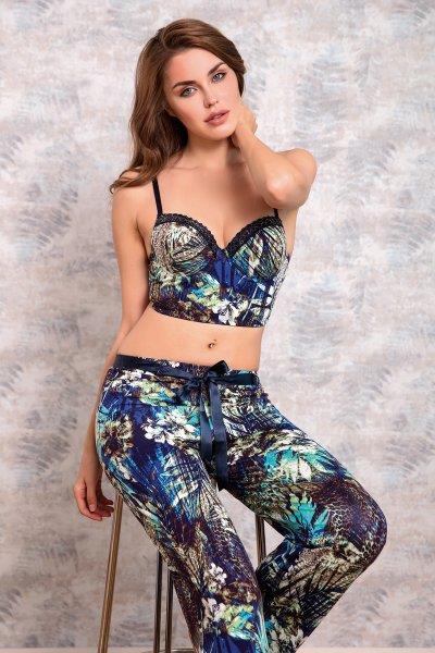 Anıl 4152 Kadın Çiçekli Viskon Push Up Bralet Mavi Pijama Takım - LACİVERT