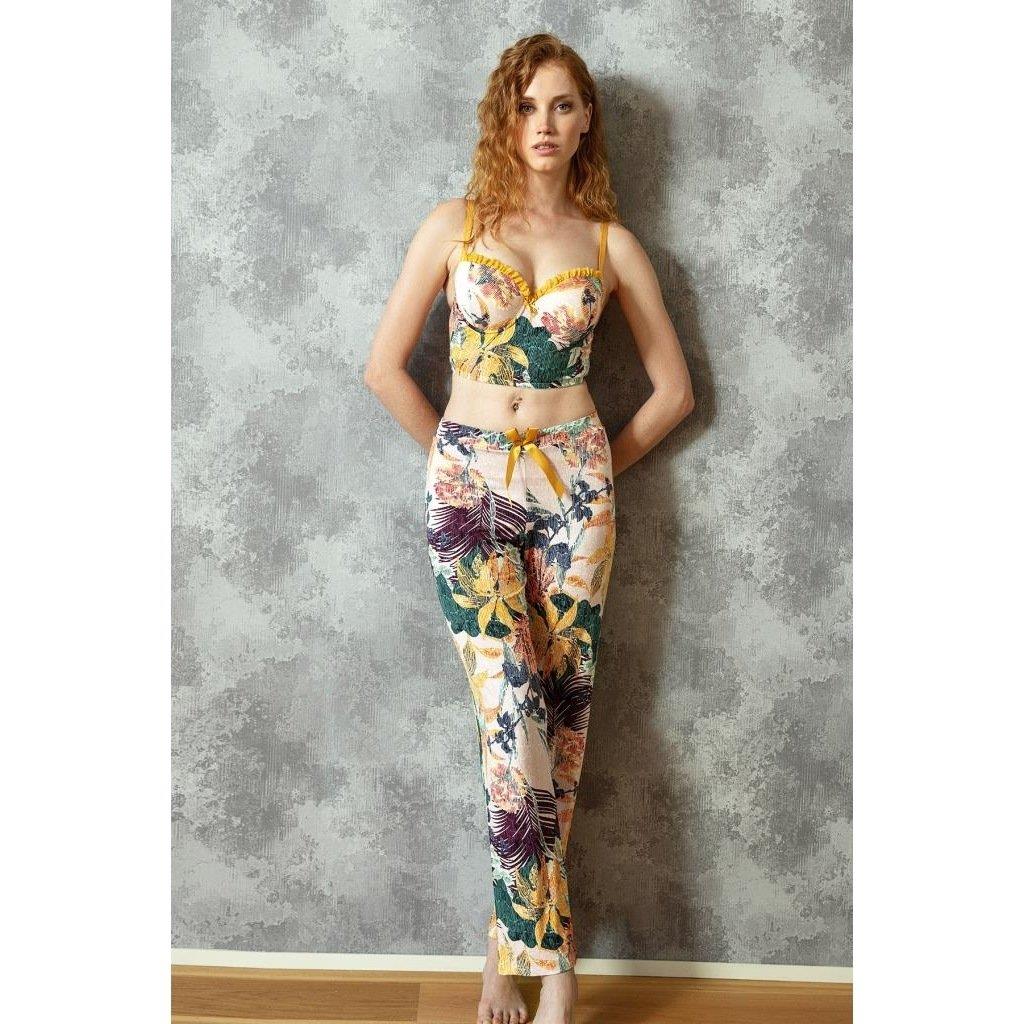Anıl 4157 Kadın Yaprak Desenli Viskon Büstiyer Pijama Takım - HARDAL