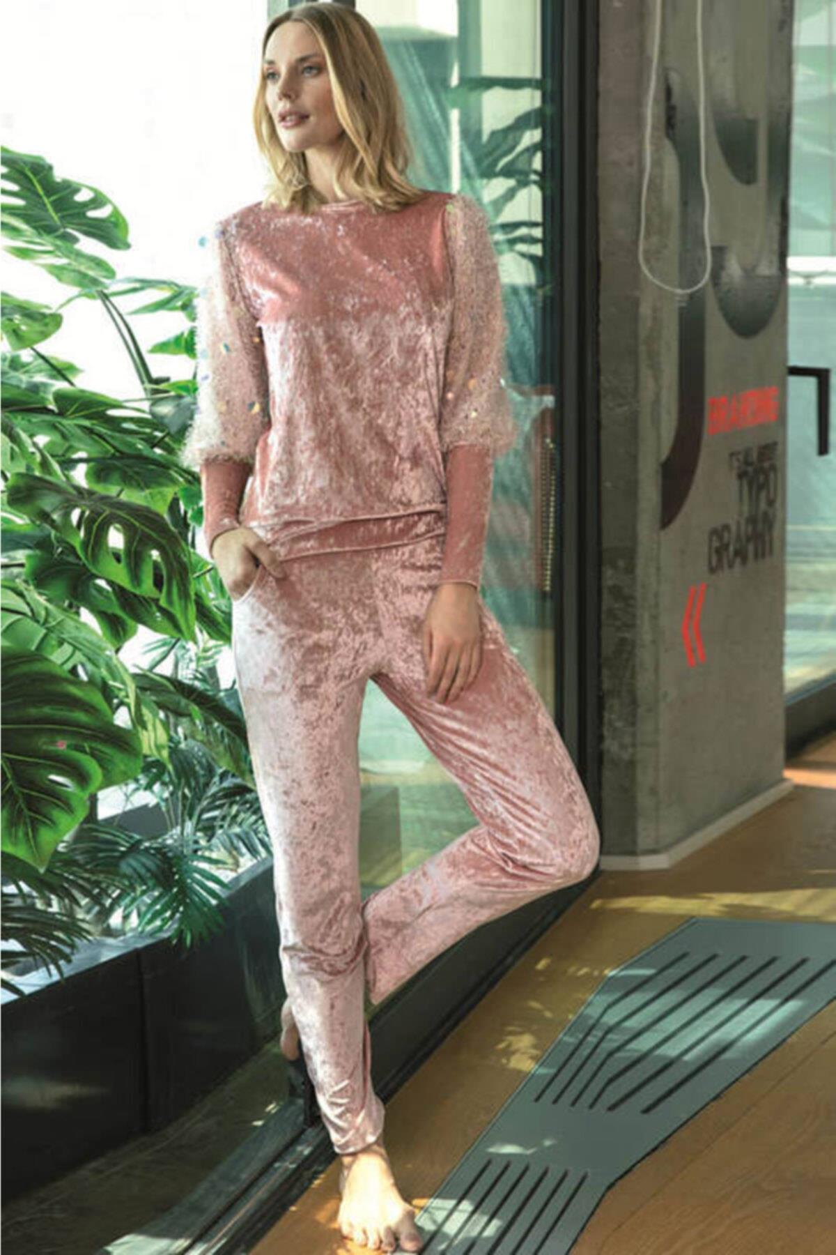 Anıl 9665 Kadın Kırçıllı Payet Detaylı Pijama Takımı - SOMON