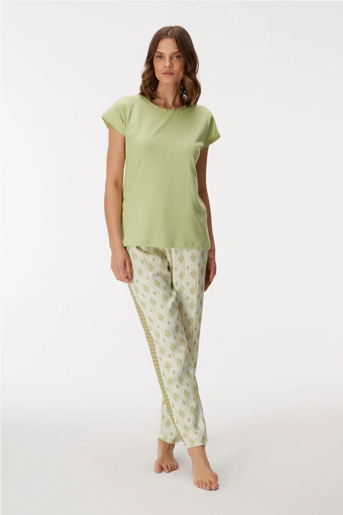 Anıl Kadın Bisiklet Yaka Detaylı Kısa Kollu Pijama Takım - YEŞİL