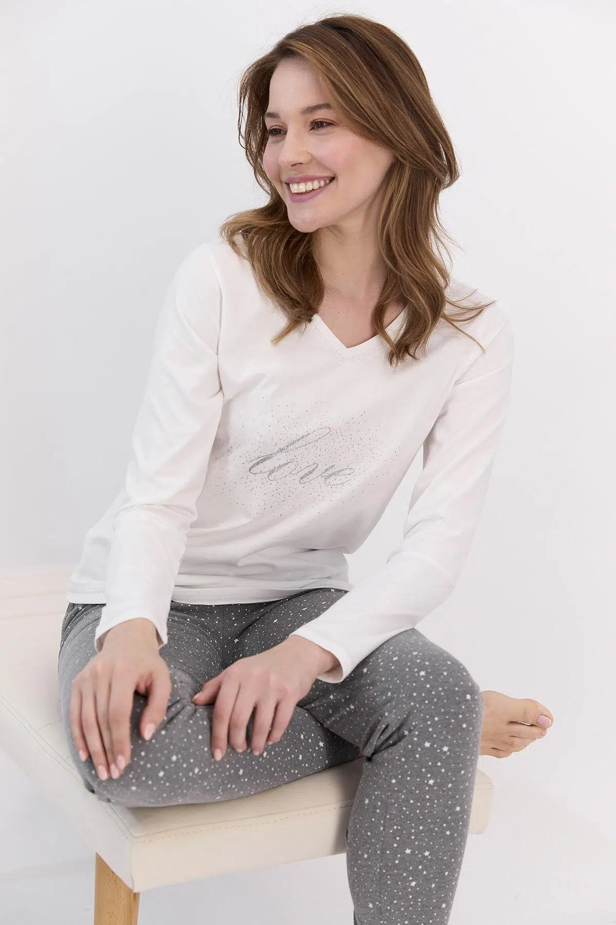 Arnetta 1494 Krem Love Puantiyeli Kadın Pijama Takımı - KREM