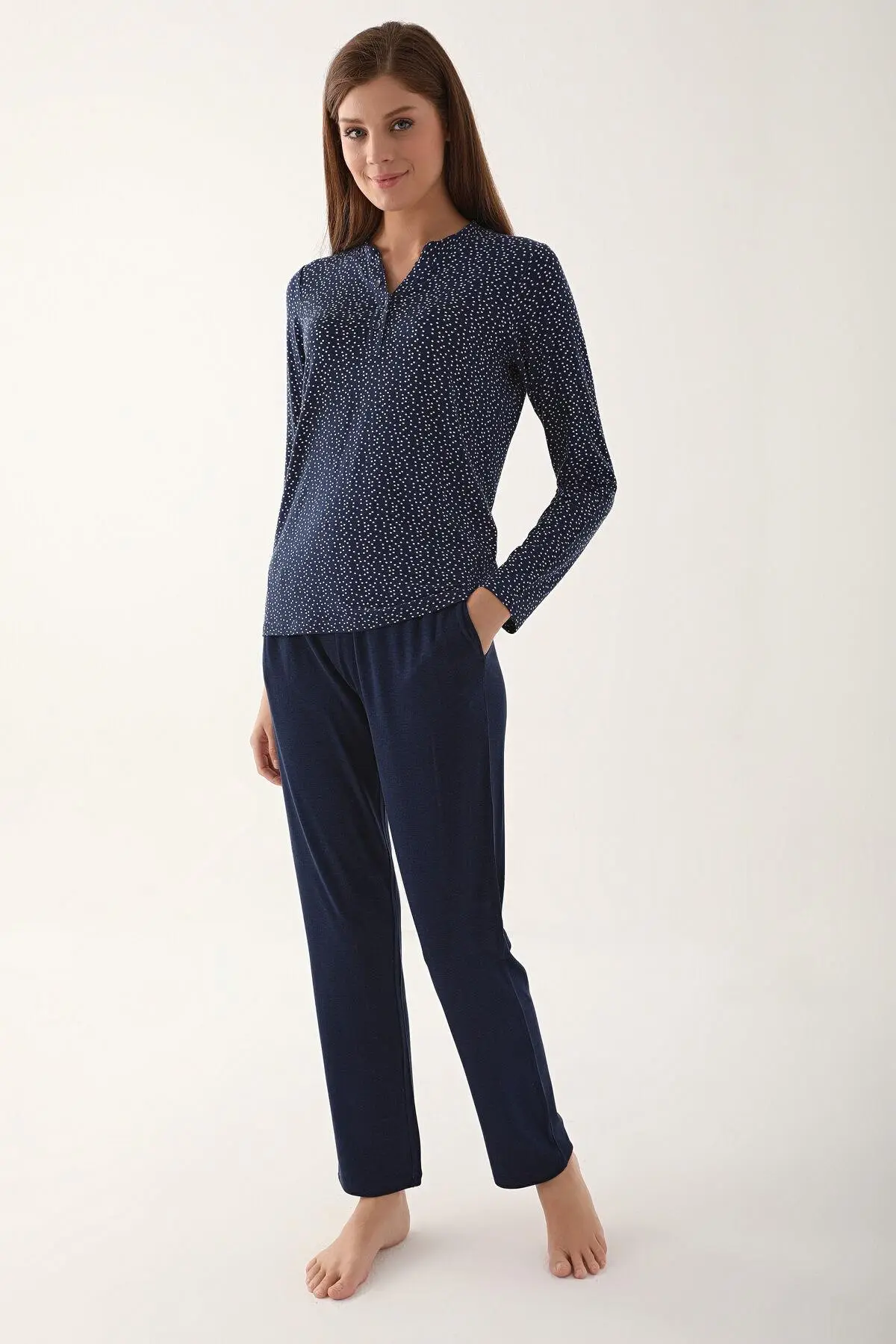 Arnetta 2659 Dotted Lacivert Kadın Uzun Kol Pijama Takım - LACİVERT