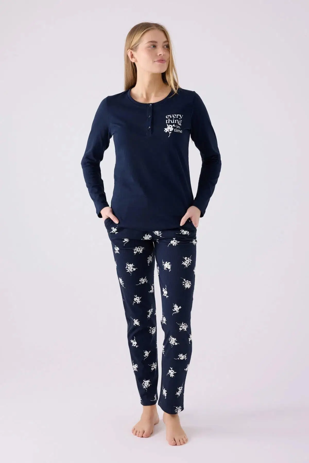 Arnetta 3056 Kadın Every Thing Uzun Kollu Pijama Takım - LACİVERT