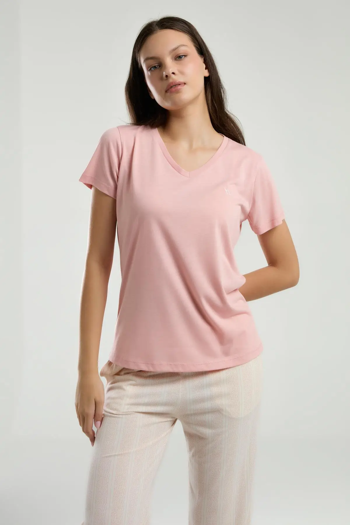 Arnetta 3221 Kadın V Yaka Kısa Kollu Kapri Çizgili Pijama Takım - PEMBE