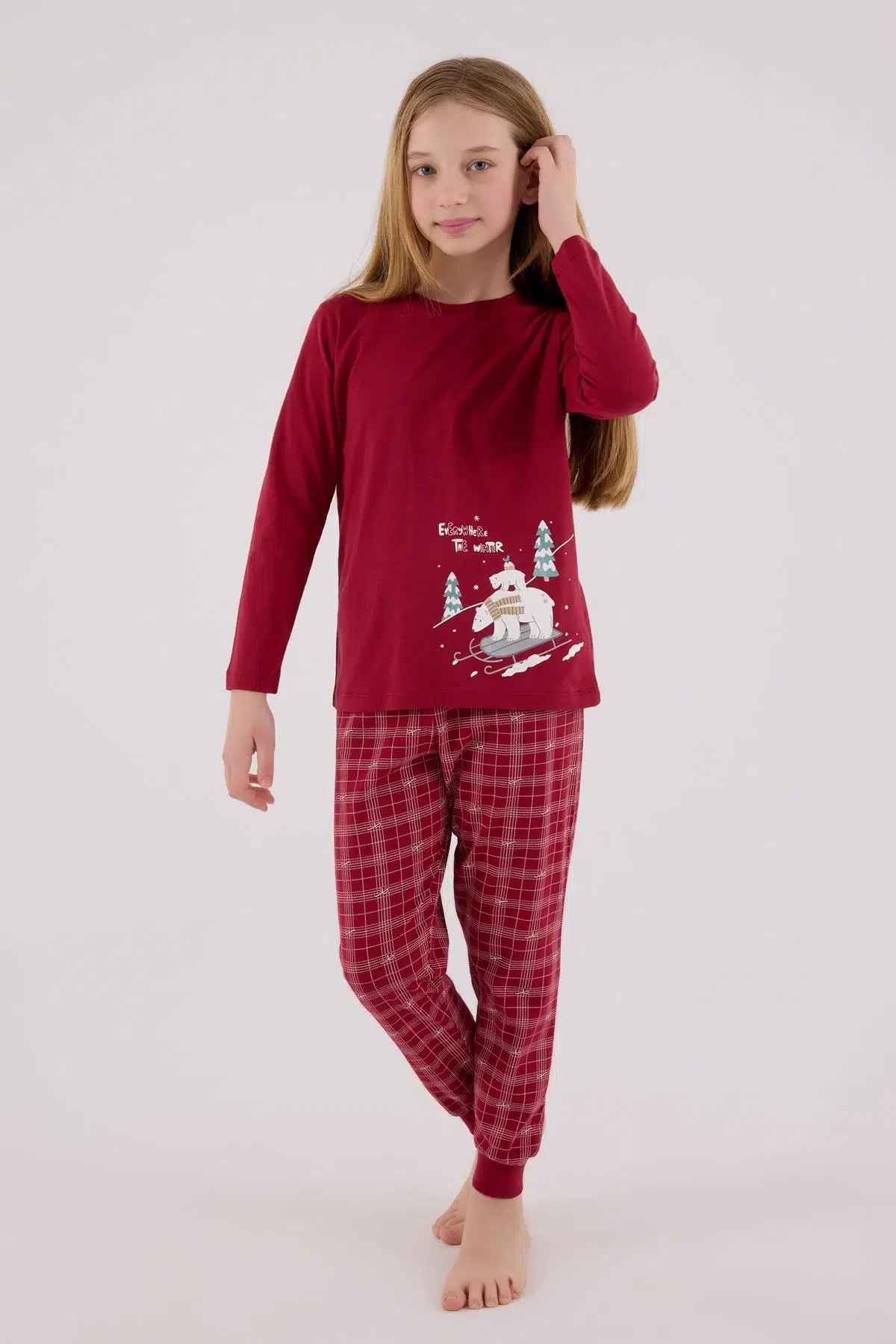 Arnetta Kız Çocuk Aile %100 Pamuklu 4 Mevsim Ekoseli Uzun Kollu Pijama Takım