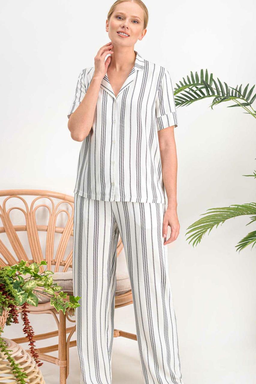 Arnetta 718 Lines Krem Düğmeli Kadın Gömlek Pijama Takımı - KREM