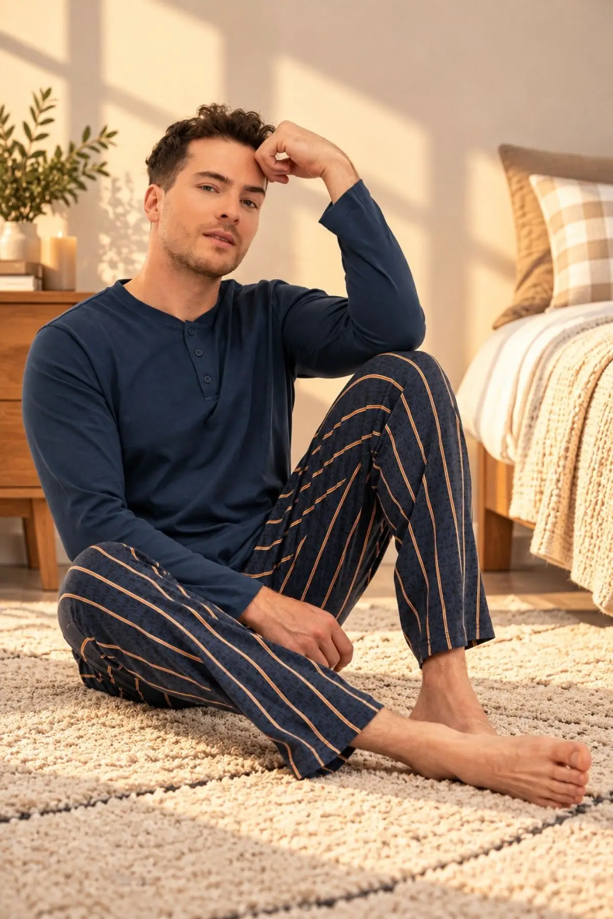 Arnetta Erkek Büyük Beden %100 Pamuklu Düğmeli Yaka Çizgili Uzun Kollu Pijama Takım