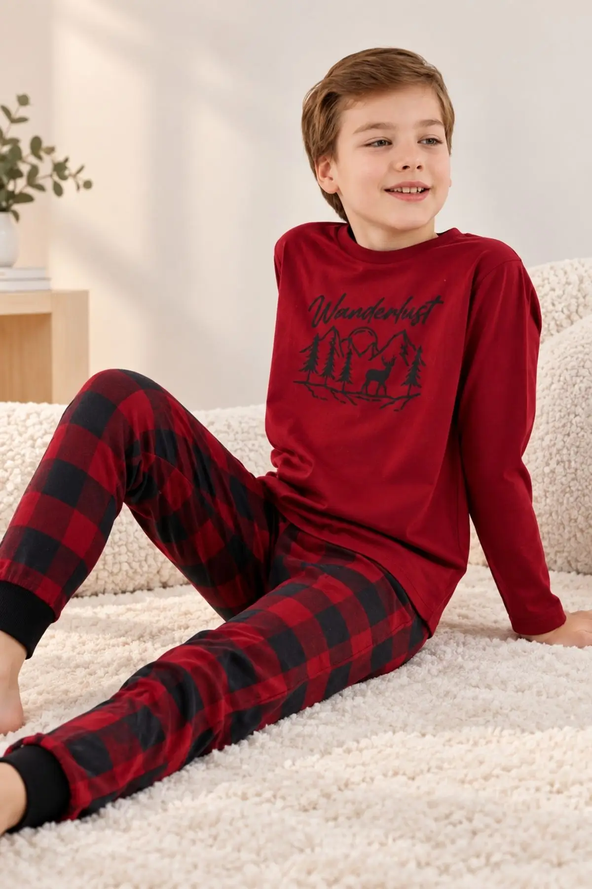 Arnetta Erkek Çocuk Pamuklu Kışlık Regular Fit Uzun Kollu Ekose Pijama Takım