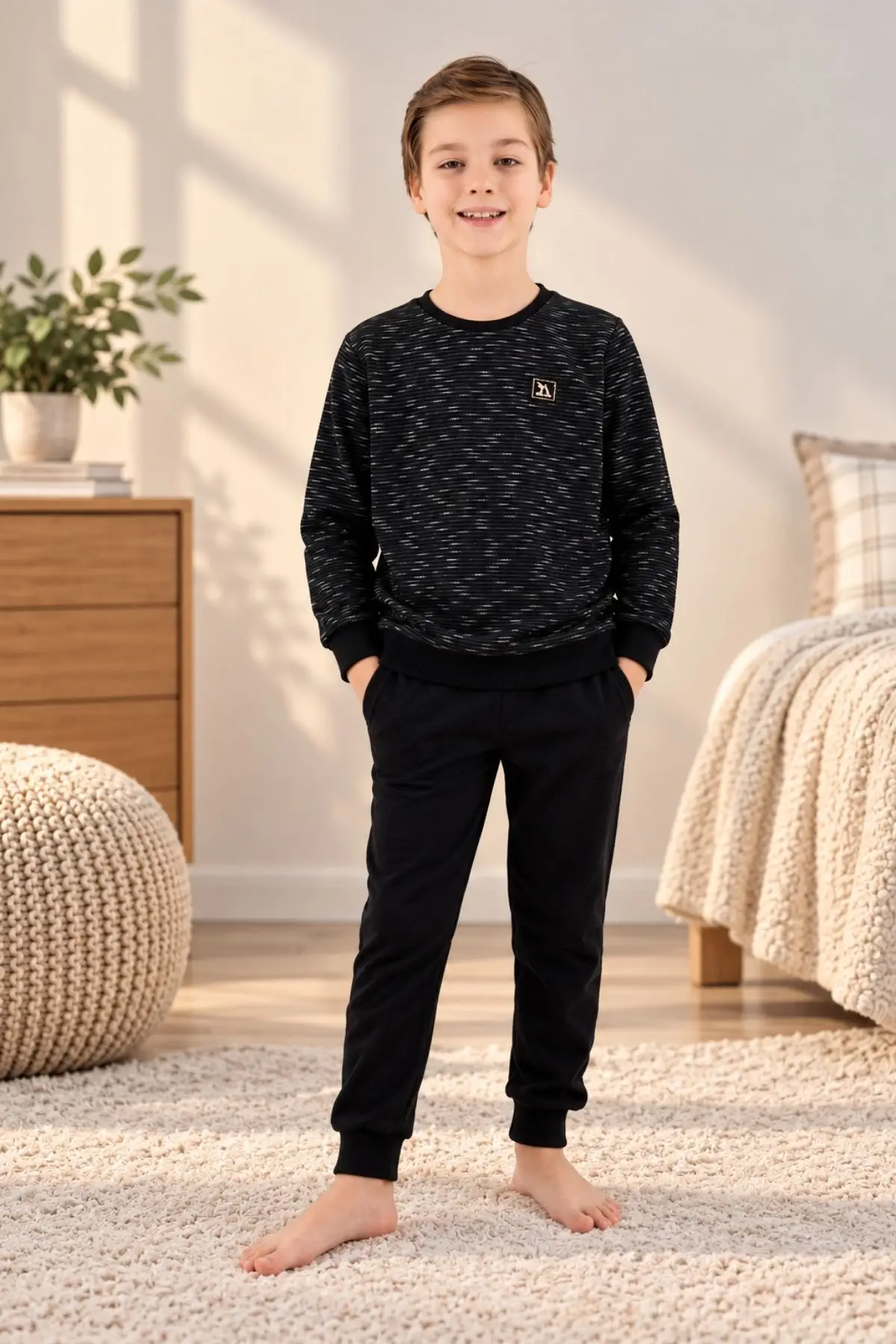 Arnetta Erkek Çocuk Pamuklu Pigment Baskılı Kışlık Regular Fit Uzun Kollu Pijama Takım