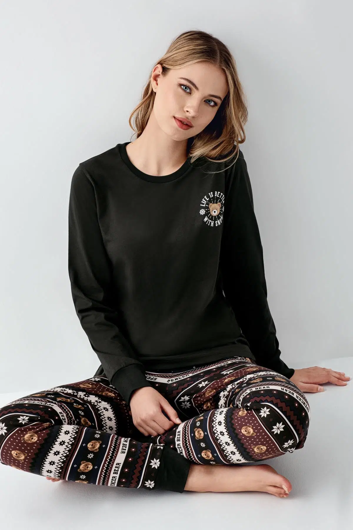 Arnetta Kadın Aile Bear My Little Friend %100 Pamuklu 4 Mevsim Uzun Kollu Pijama Takım