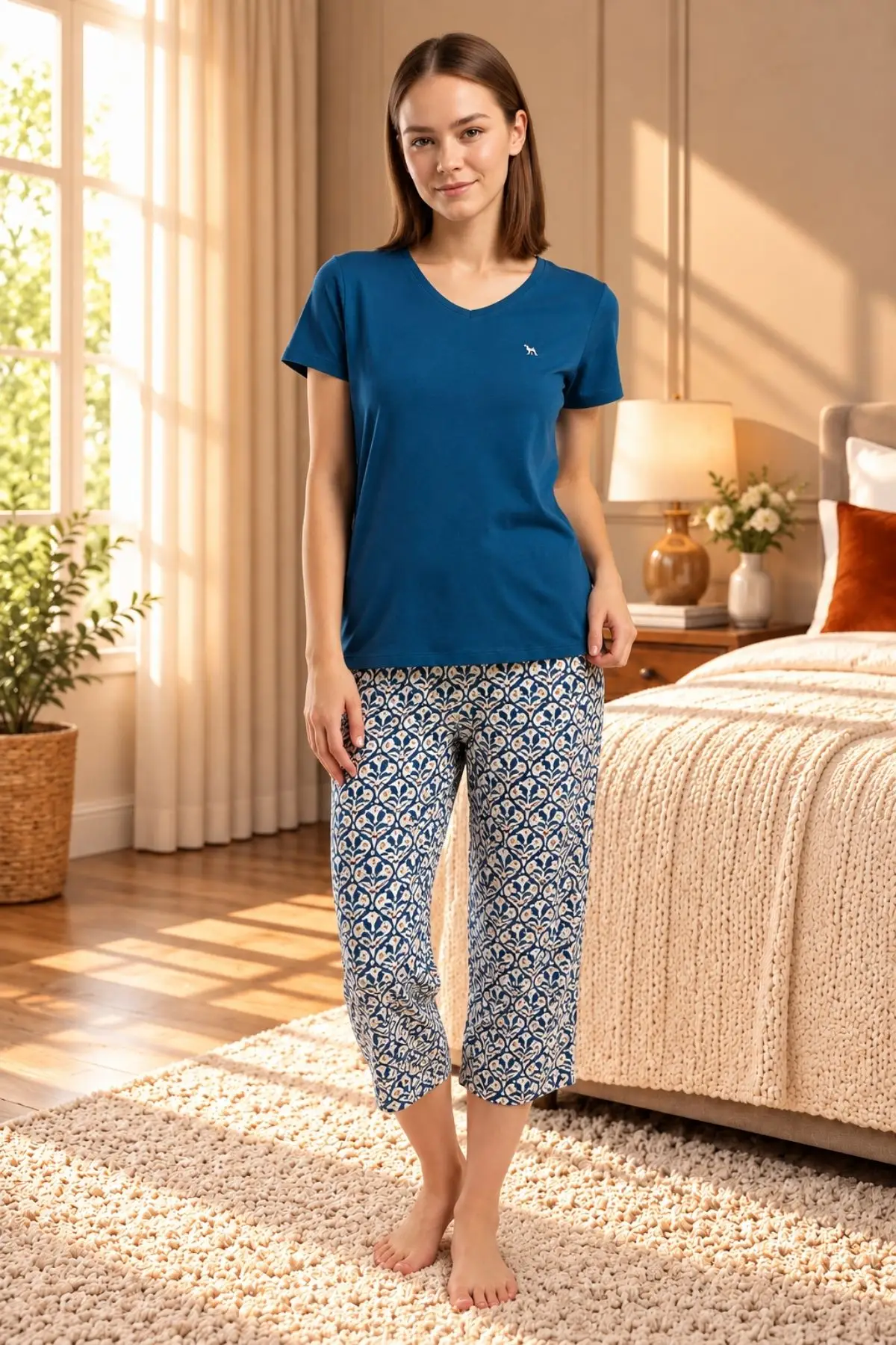 Arnetta Kadın Bisiklet Yaka Regular Fit Pigment Baskılı Yazlık Kısa Kollu Kapri Pijama Takım