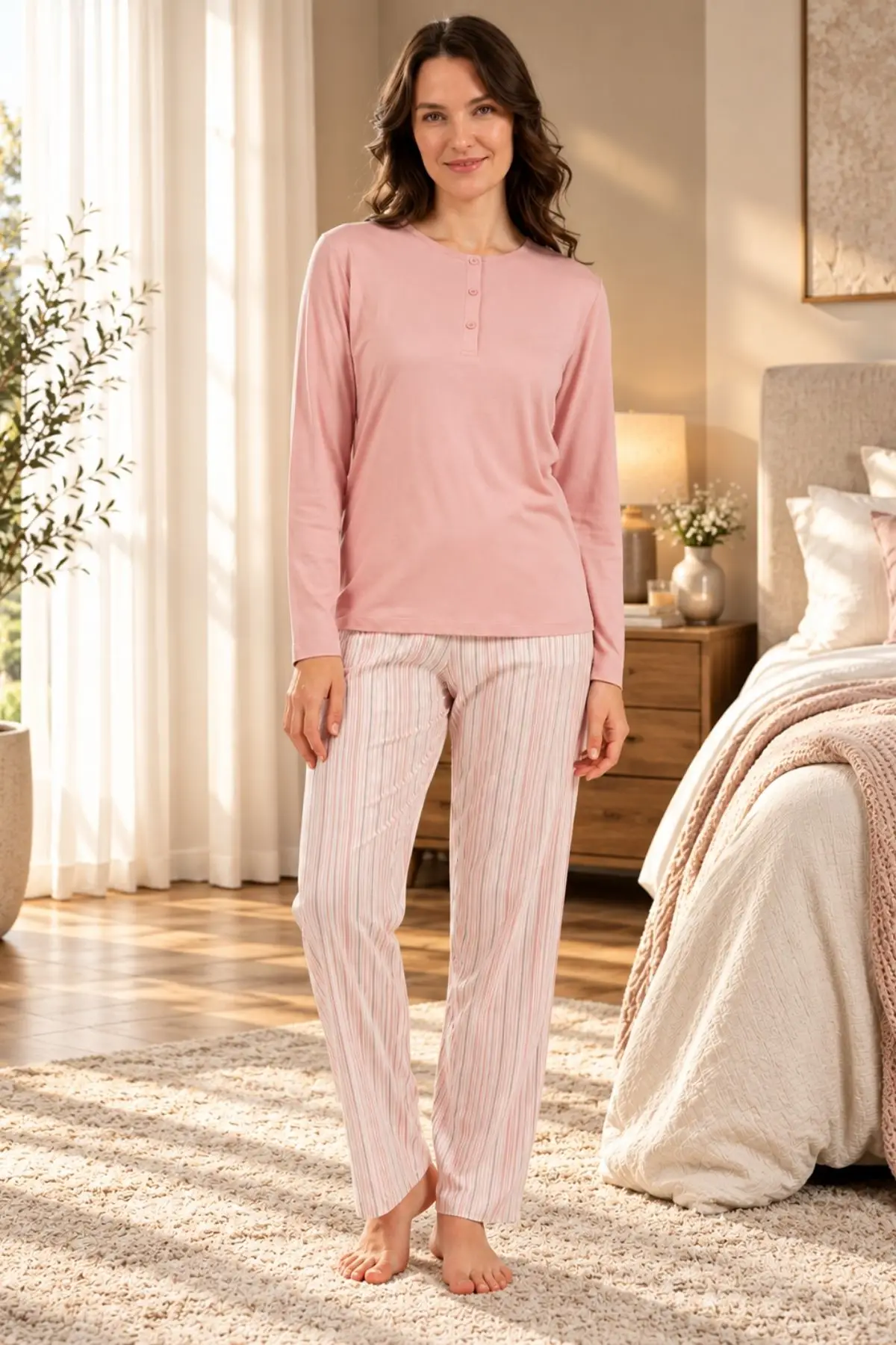 Arnetta Kadın Modal Pamuklu Rahat Kalıp Pembe Uzun Kollu Pijama Takım