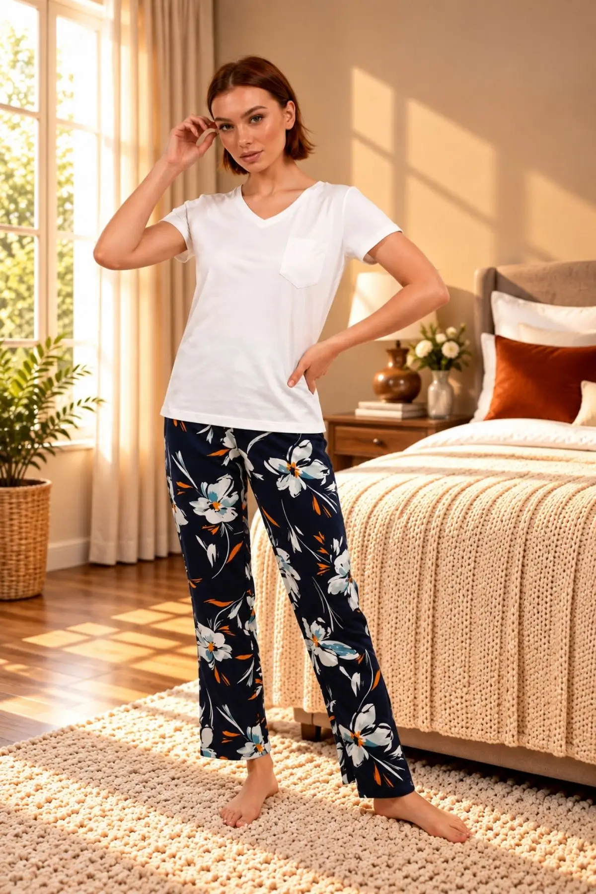 Arnetta Kadın Premium V Yaka Regular Fit Desenli Kısa Kollu Pijama Takım