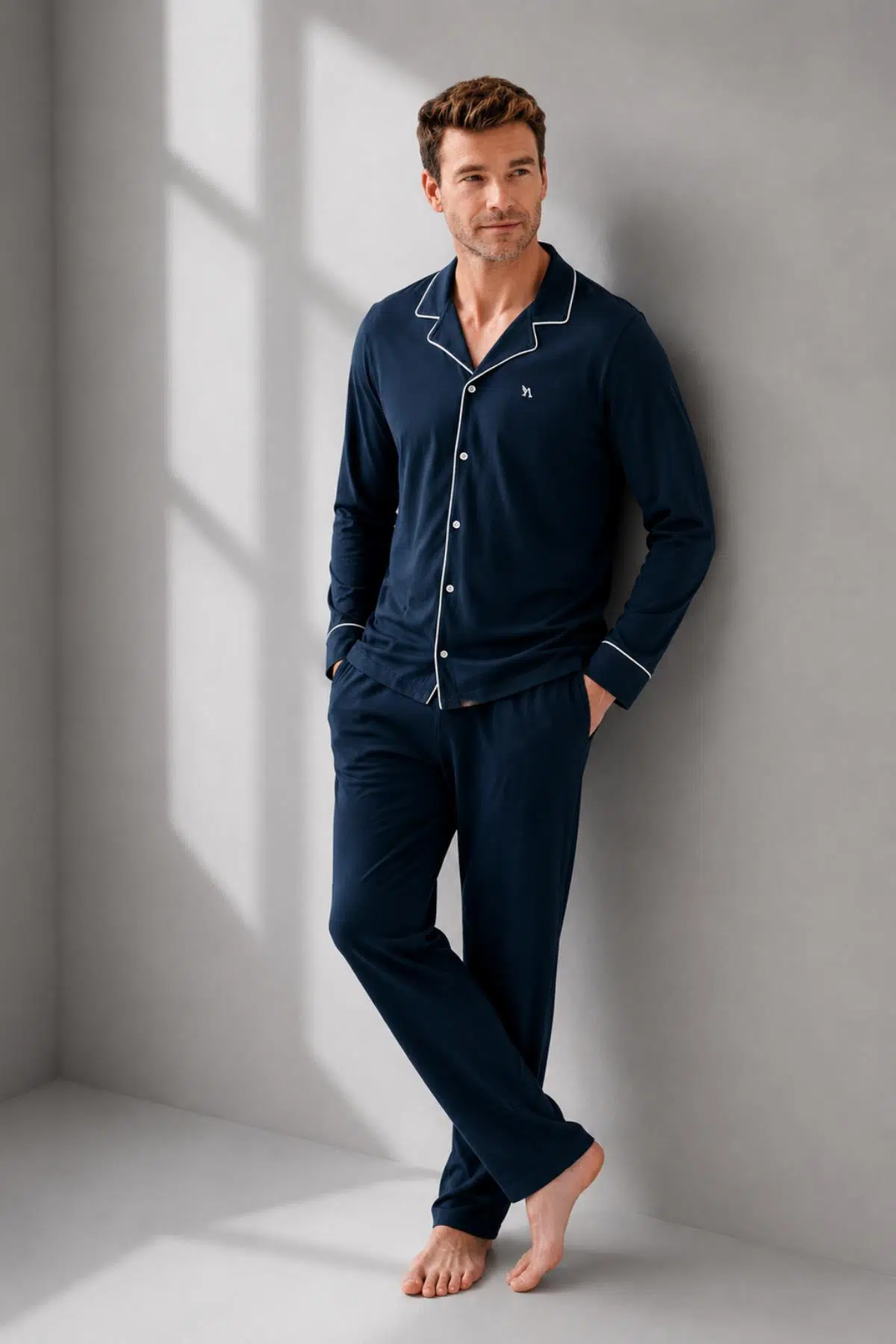 Arnetta Premium Seri Erkek %100 Pamuklu Önden Düğmeli Rahat Kalıp Uzun Kollu Kutulu Pijama Takım