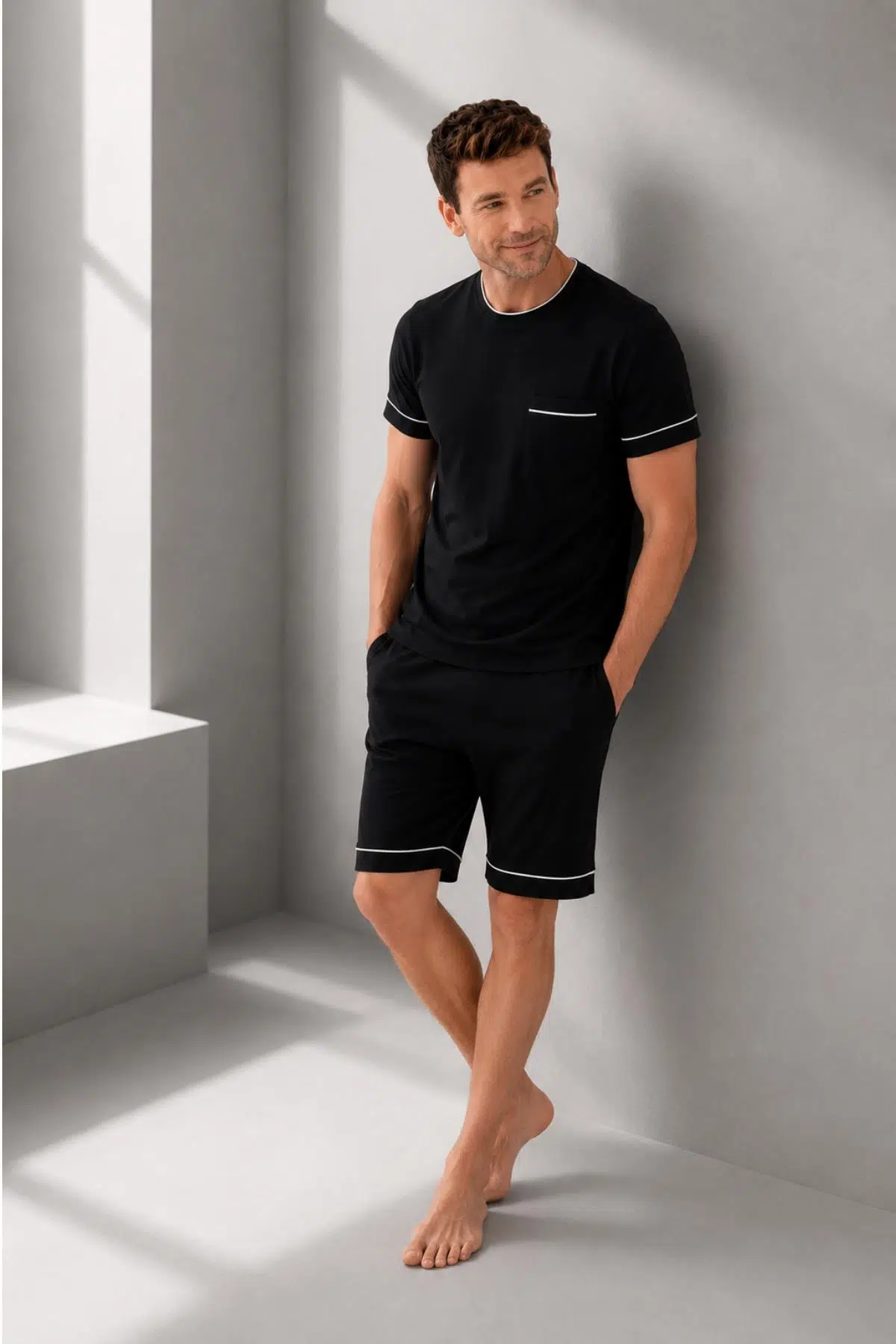 Arnetta Premium Seri Erkek %100 Pamuklu Rahat Kalıp Cepli Kısa Kollu Şortlu Kutulu Pijama Takım