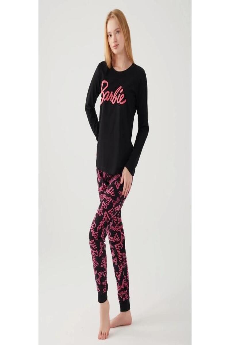 Barbie 1766 Kadın Yuvarlak Yaka Uzun Kol Pijama Takım - SİYAH