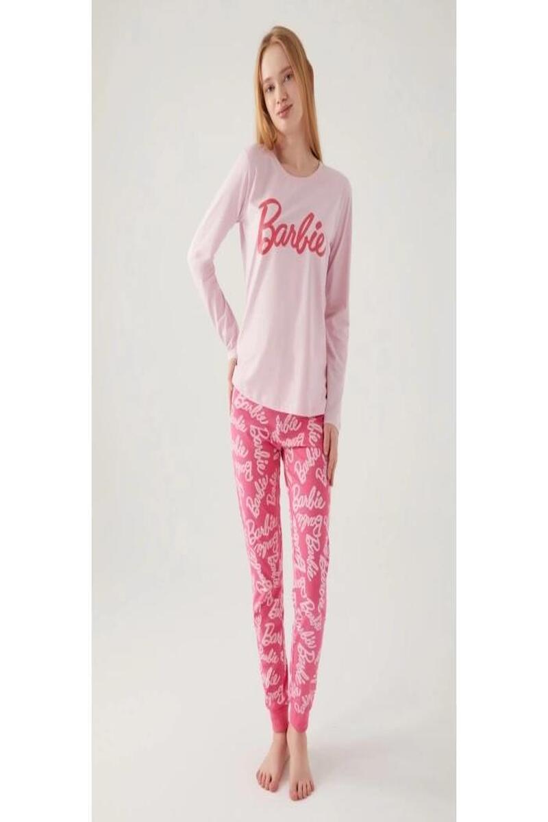 Barbie 1766 Kadın Yuvarlak Yaka Uzun Kol Pijama Takım - PEMBE