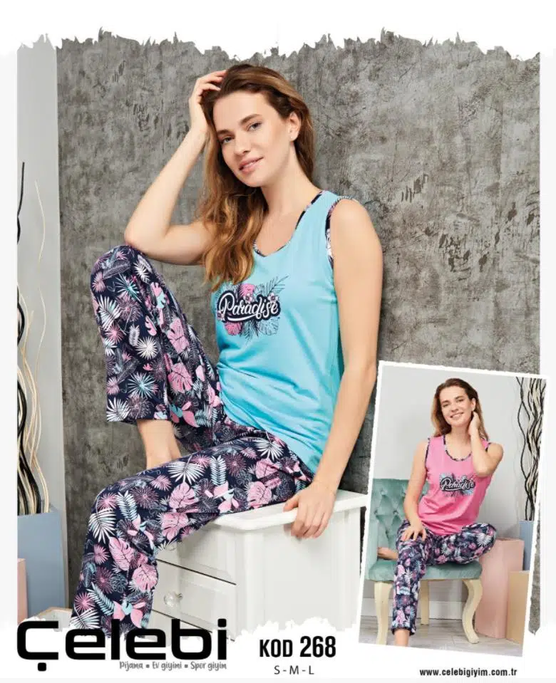 Çelebi 268 Kadın Kalın Askılı Pijama Takım - TURKUAZ
