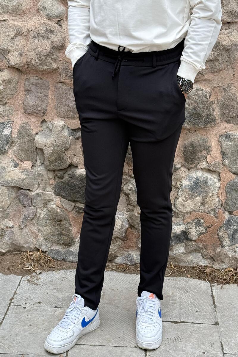 Gd Goldoremi Erkek Slim Fit Beli Lastikli İpli Fermuarlı Likralı Ascoli Kumaş Rahat Jogger - SİYAH