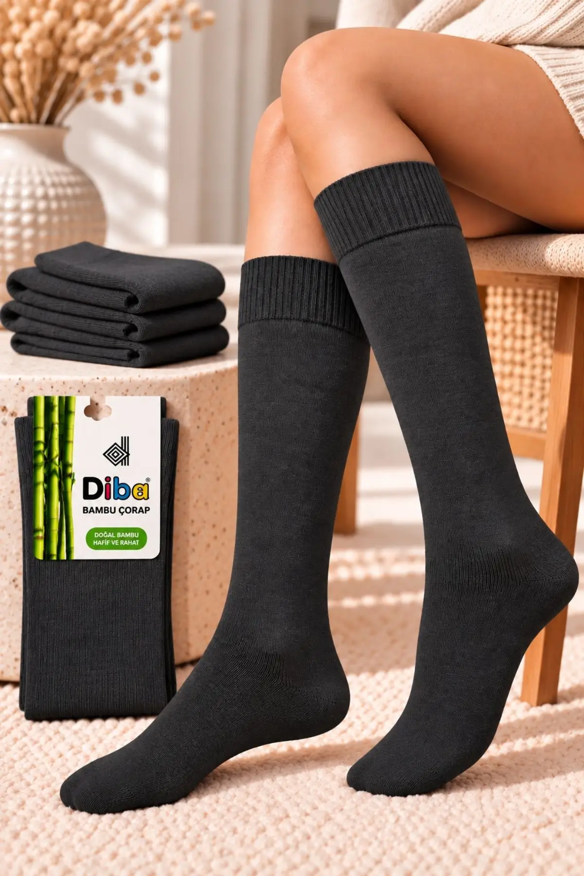 Diba 483 Kadın Bambu Dizaltı Çorap - FÜME