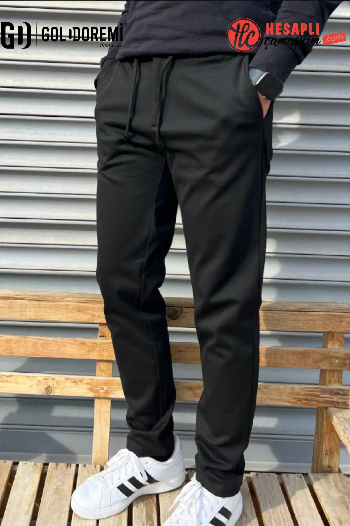 Gd Goldoremi Erkek Jakarlı Çelik Örme Regular Beli Lastikli İpli Fermuarlı Rahat Jogger Pantolon - SİYAH