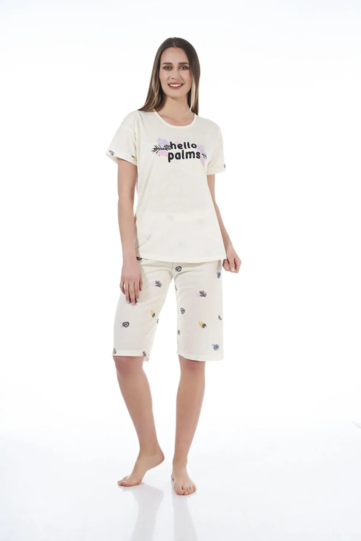 Estiva 22065 Kadın Palmiye Desenli Viskon Kısa Kollu Kaprili Pijama Takımı - EKRU