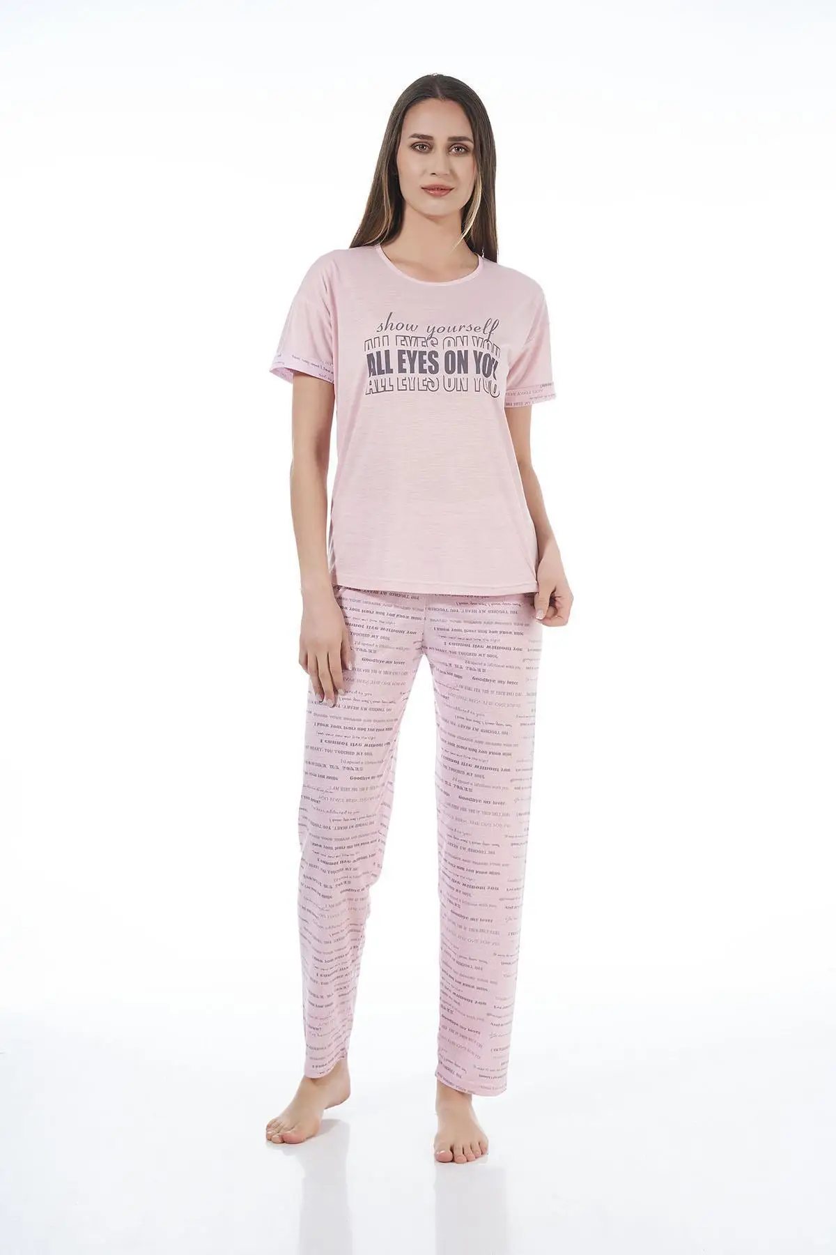 Estiva 22120 Kadın Yazı Desenli Kısa Kollu Viskon Pijama Takımı - PEMBE
