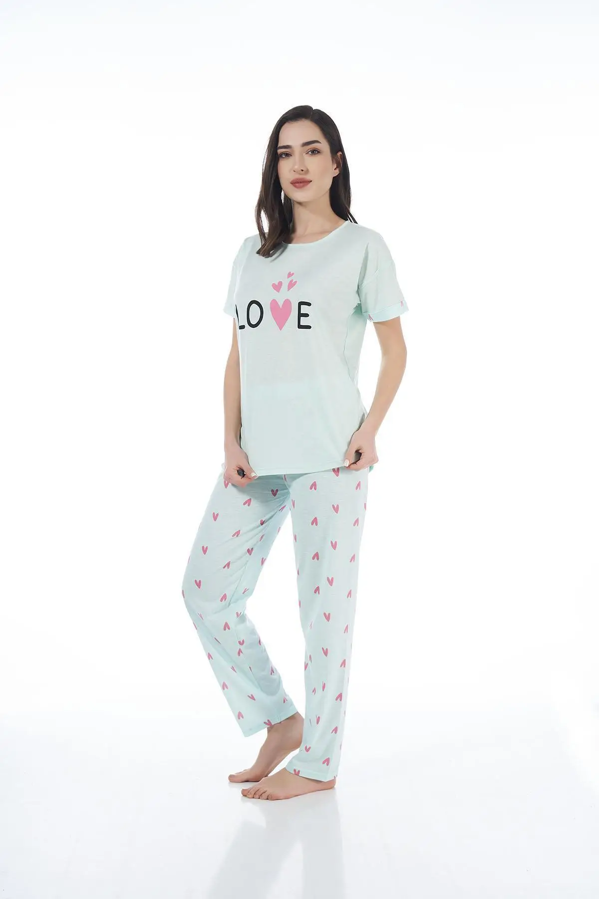 Estiva 22123 Kadın Kalp Desenli Kısa Kollu Viskon Pijama Takımı - YEŞİL