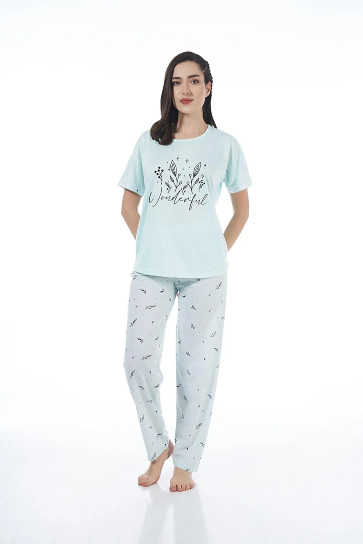 Estiva 22124 Kadın Çiçek Desenli Kısa Kollu Viskon Pijama Takımı - YEŞİL