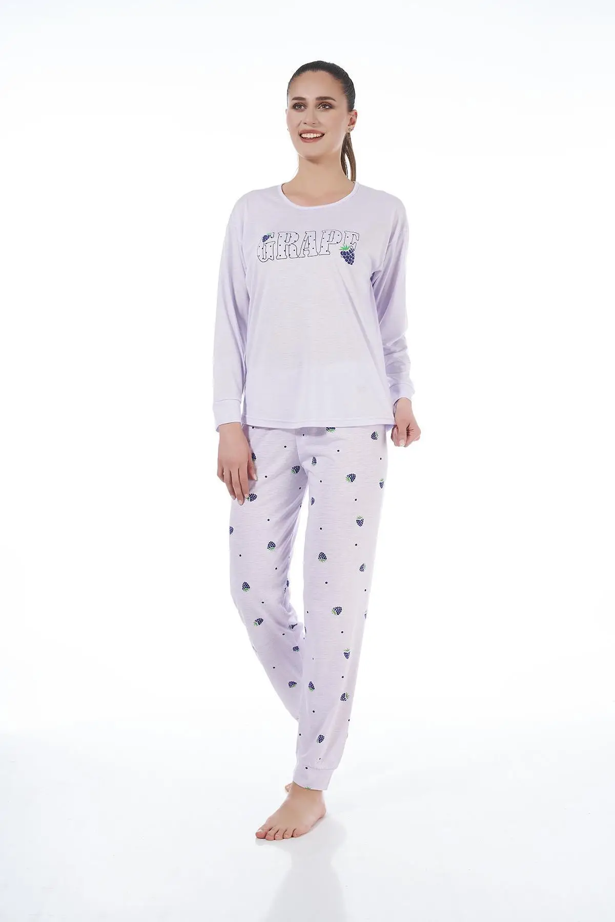 Estiva 22134 Kadın Üzüm Desenli Uzun Kollu Viskon Pijama Takım - LİLA