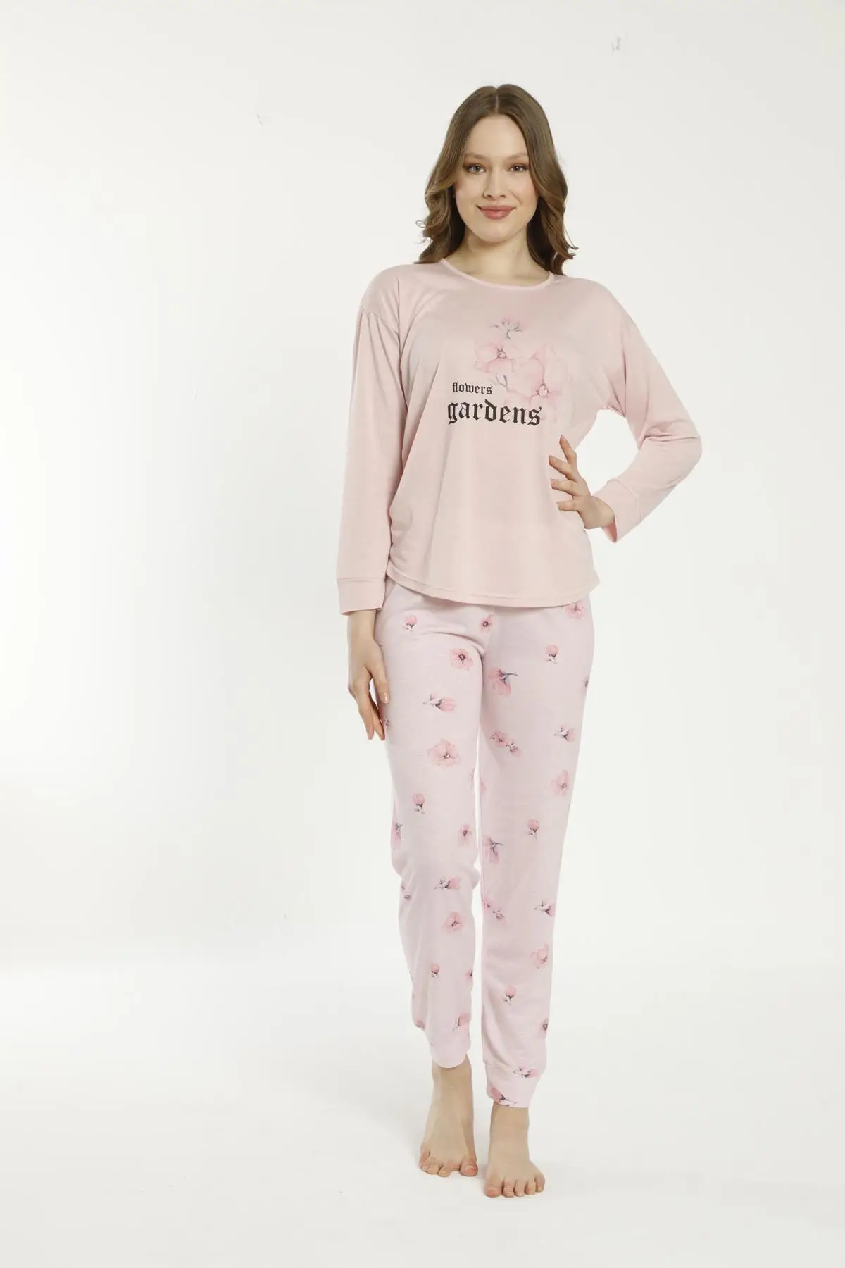 Estiva 22135 Kadın Çiçek Desenli Uzun Kollu Viskon Pijama Takımı - PEMBE