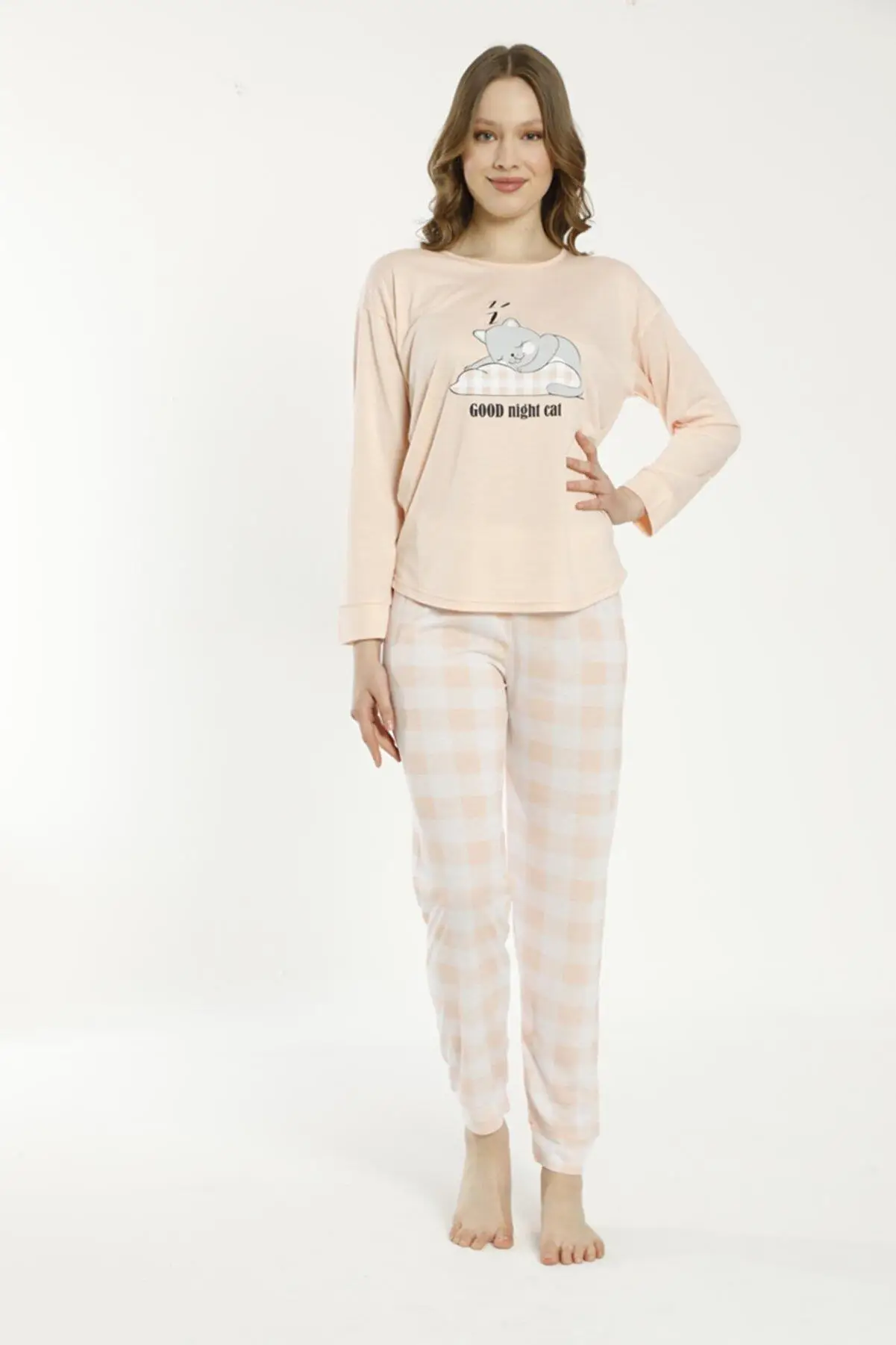 Estiva 22137 Kadın Kare Desenli Uzun Kollu Viskon Pijama Takımı - SOMON