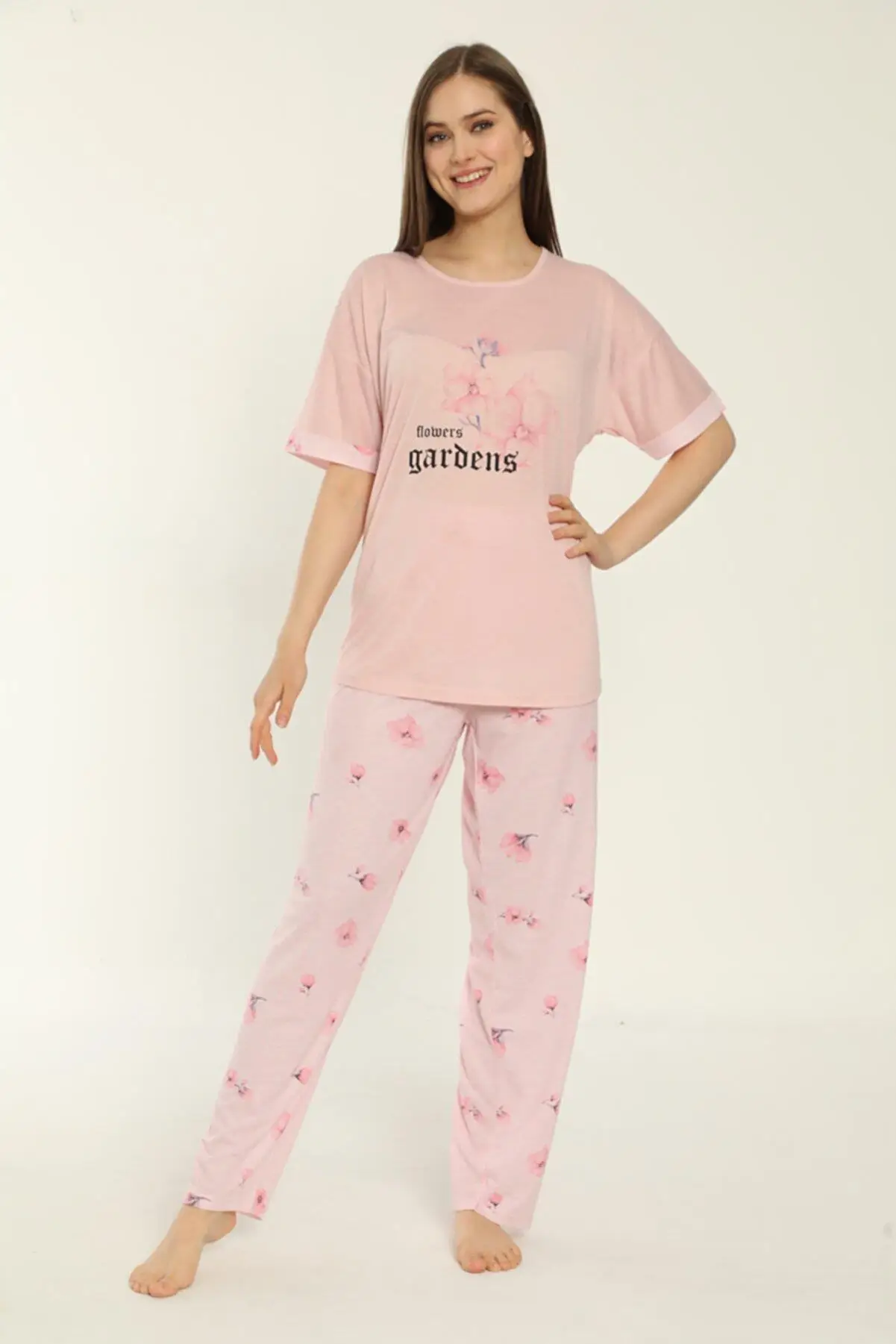 Estiva 22153 Kadın Çiçek Desenli Viskon Kısa Kollu Büyük Beden Pijama Takımı - PEMBE