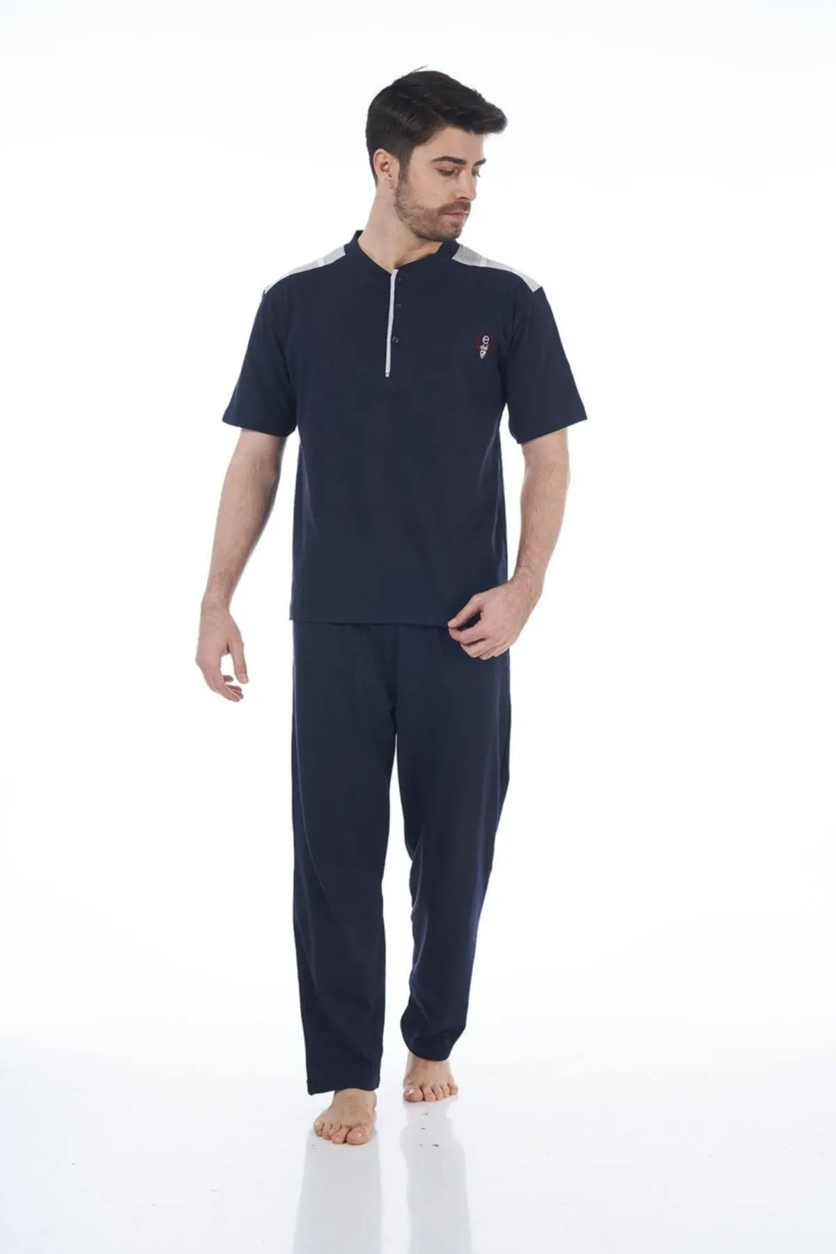 Estiva 22261 Erkek Penye Apolet Desenli Kısa Kollu Pijama Takımı - LACİVERT