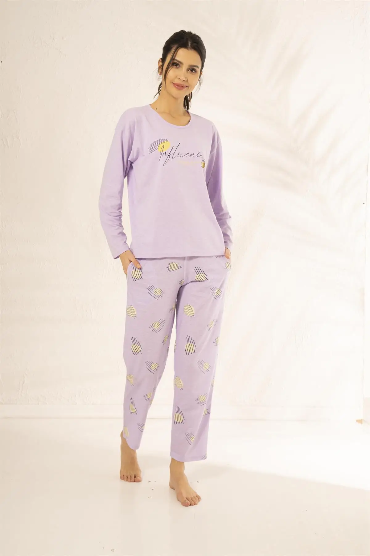 Estiva 23114 Kadın Desenli Uzun Kollu Yazlık Penye Pijama Takımı - LİLA