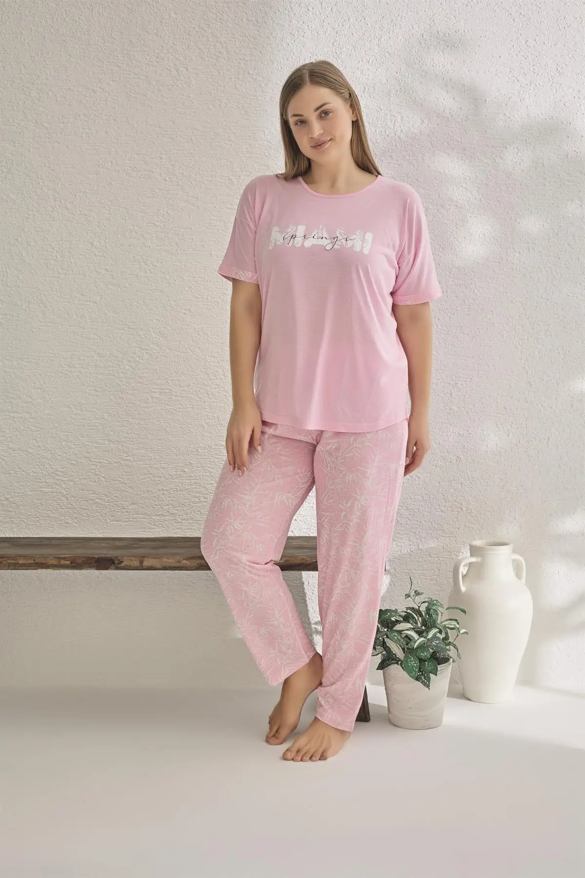 Estiva 23182 Kadın Miami Kısa Kollu Büyük Beden Yazlık Viskon Pijama Takımı - PEMBE