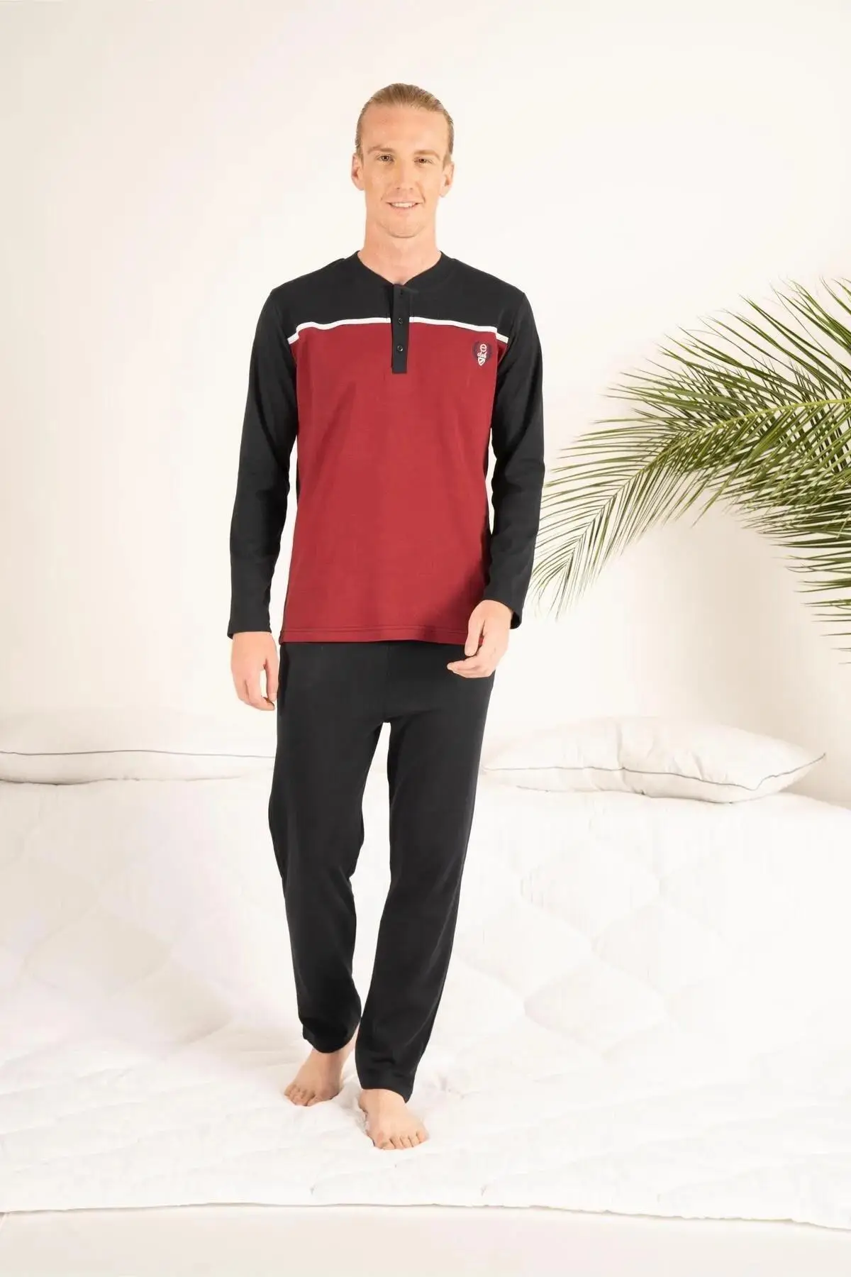 Estiva 23407 Erkek Kışlık Yuvarlak Yaka Penye Pijama Takımı - BORDO
