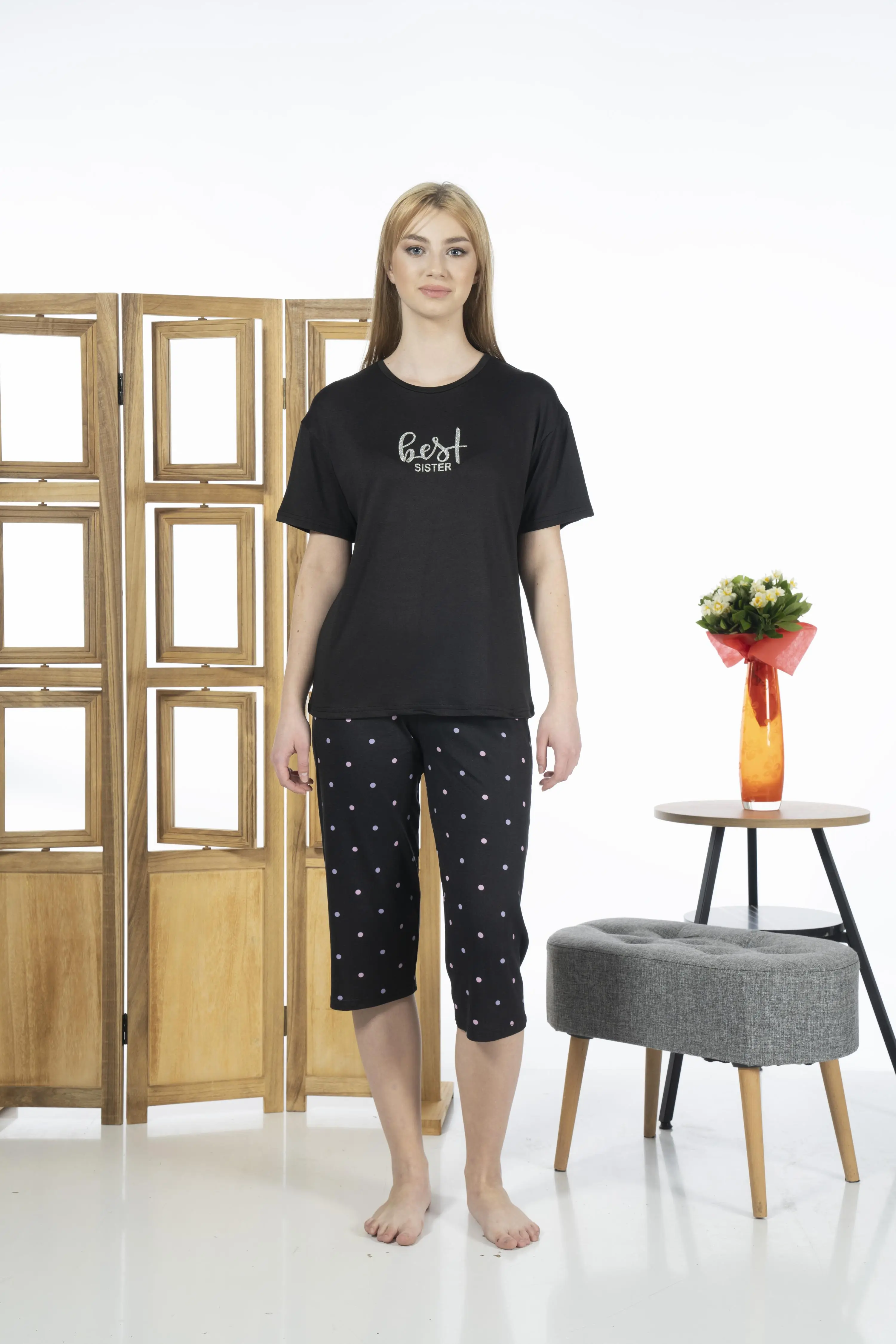 Estiva 24063 Kadın Kısa Kollu Kapri Pijama Takım - SİYAH