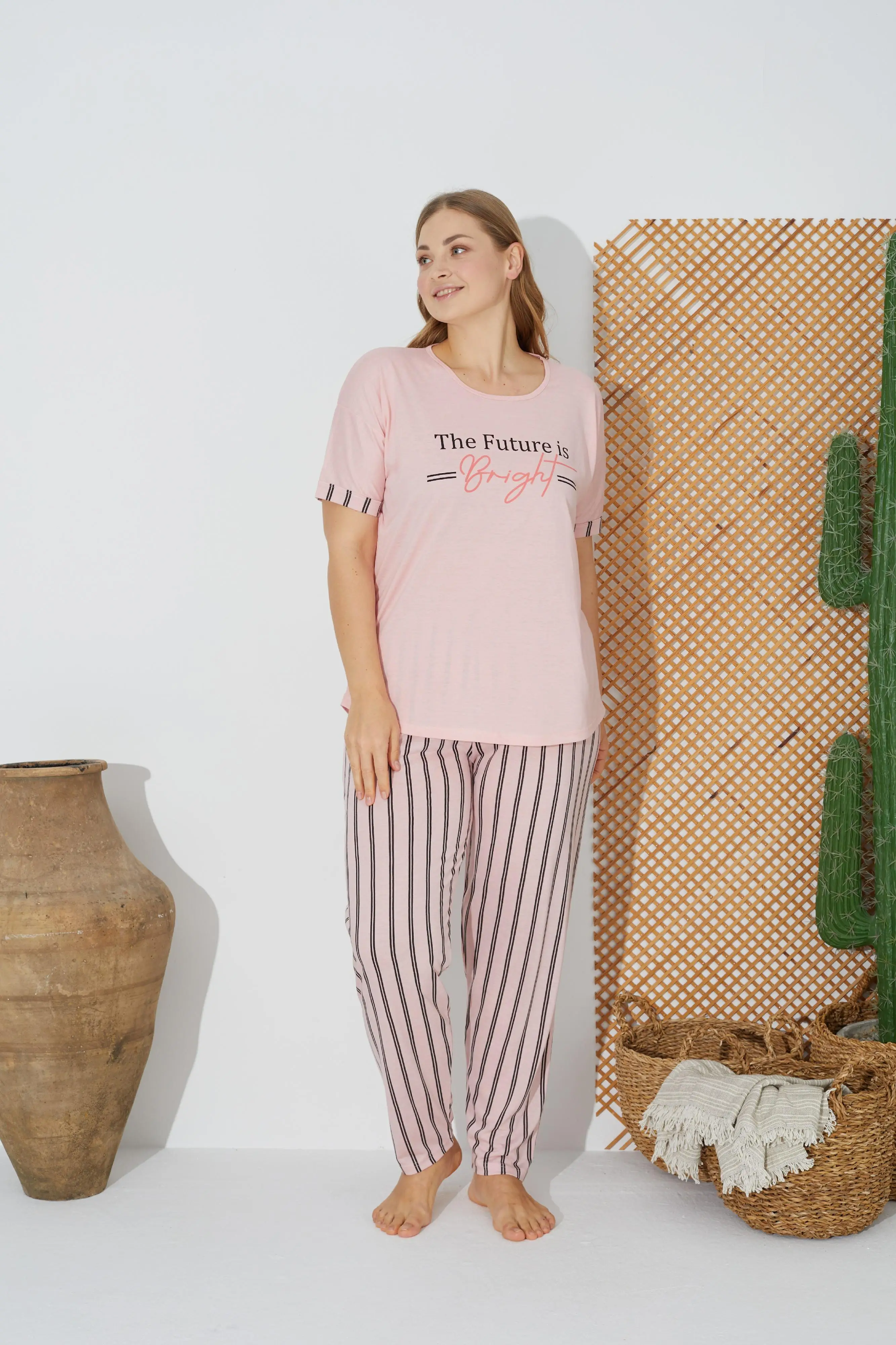 Estiva 24071 Büyük Beden Kadın Kısa Kol Pijama Takımı - PEMBE