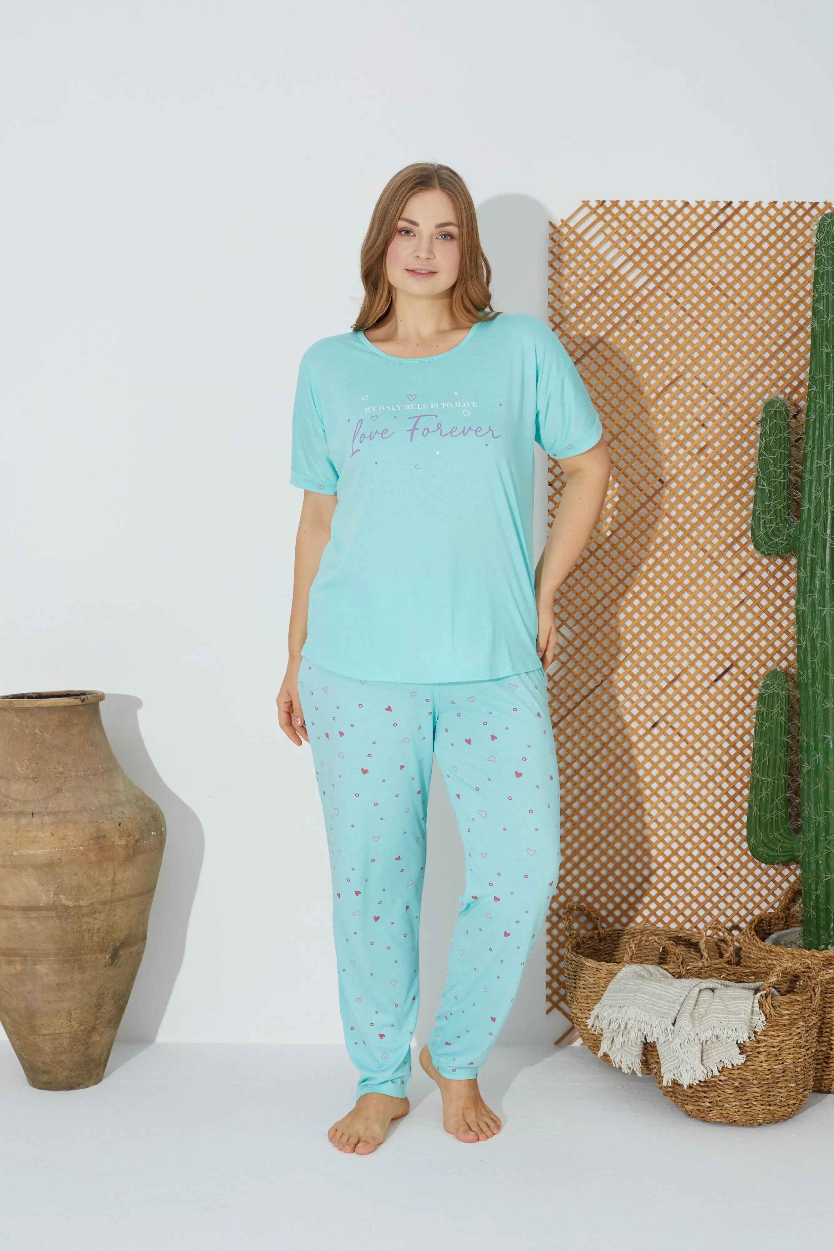 Estiva 24072 Büyük Beden Kadın Kısa Kollu Pijama Takım - YEŞİL