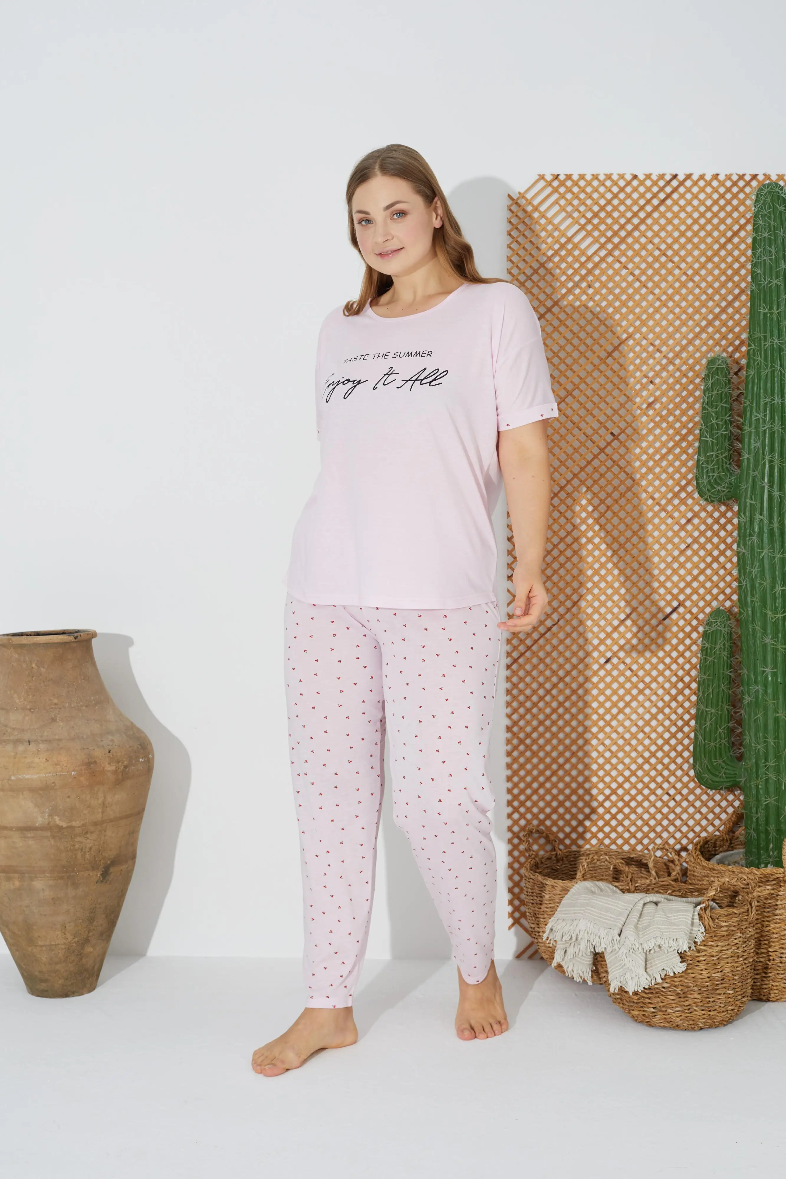 Estiva 24073 Büyük Beden Kadın Kısa Kol Pijama Takım - PEMBE