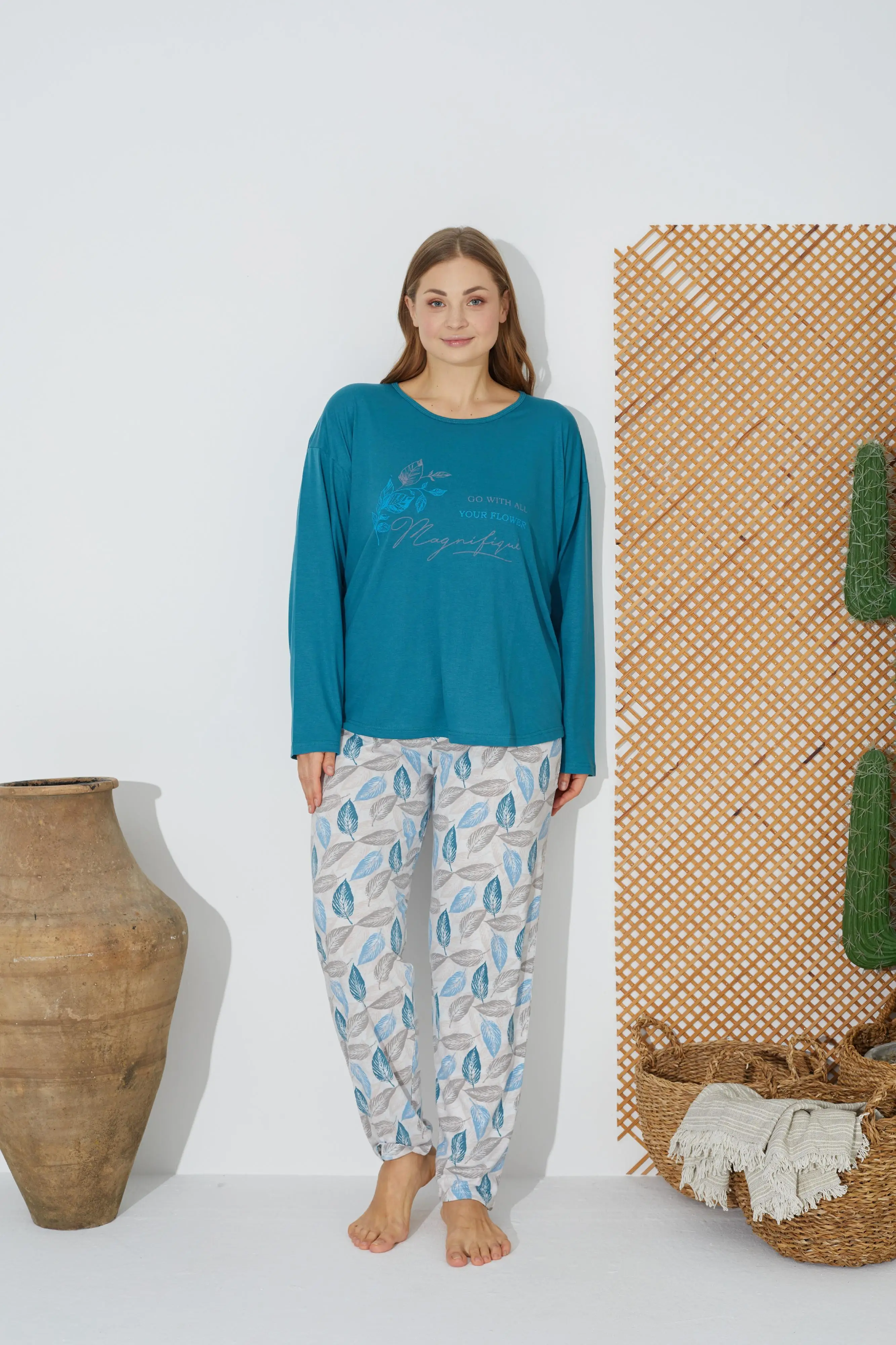 Estiva 24077 Kadın Uzun Kollu Pijama Takımı - TURKUAZ