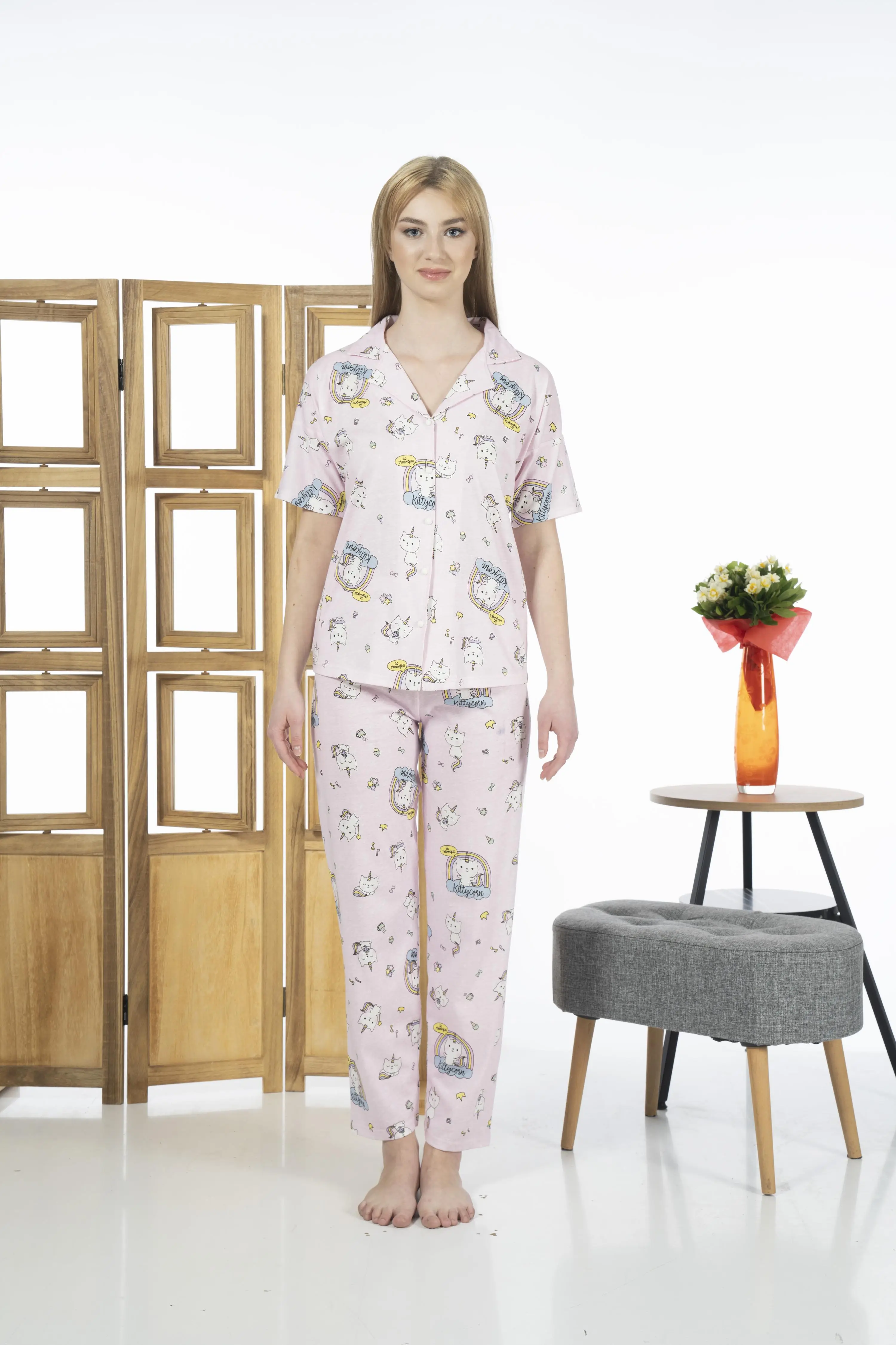 Estiva 24125 Kadın Kittycorn Kısa Kol Önden Düğmeli Yazlık Penye Pijama Takımı - PEMBE