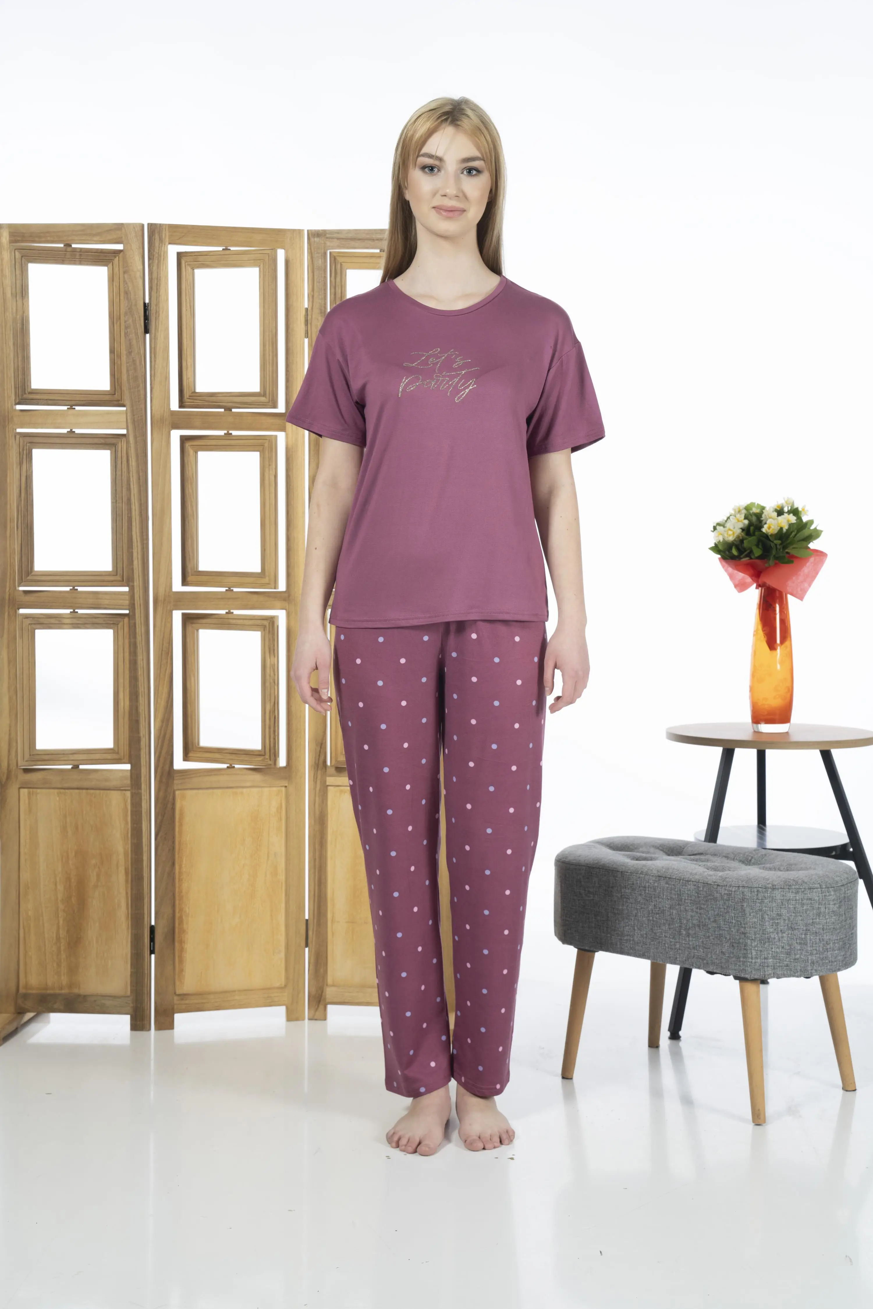 Estiva 24137 Kadın Kısa Kol Puantiyeli Pijama Takım - MÜRDÜM