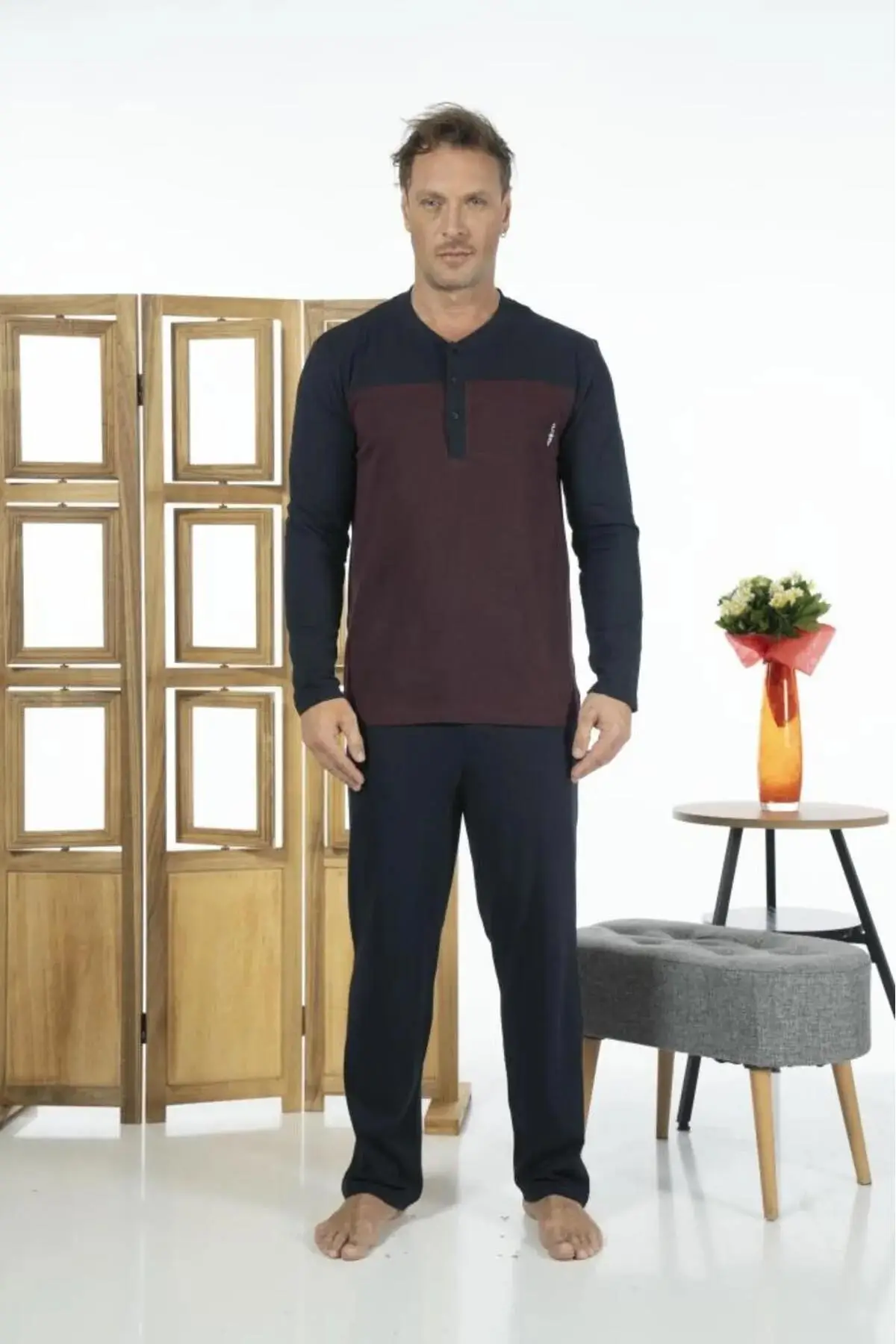 Estiva 24272 Erkek Düğmeli Uzun Kollu Yazlık Penye Pijama Takımı - BORDO